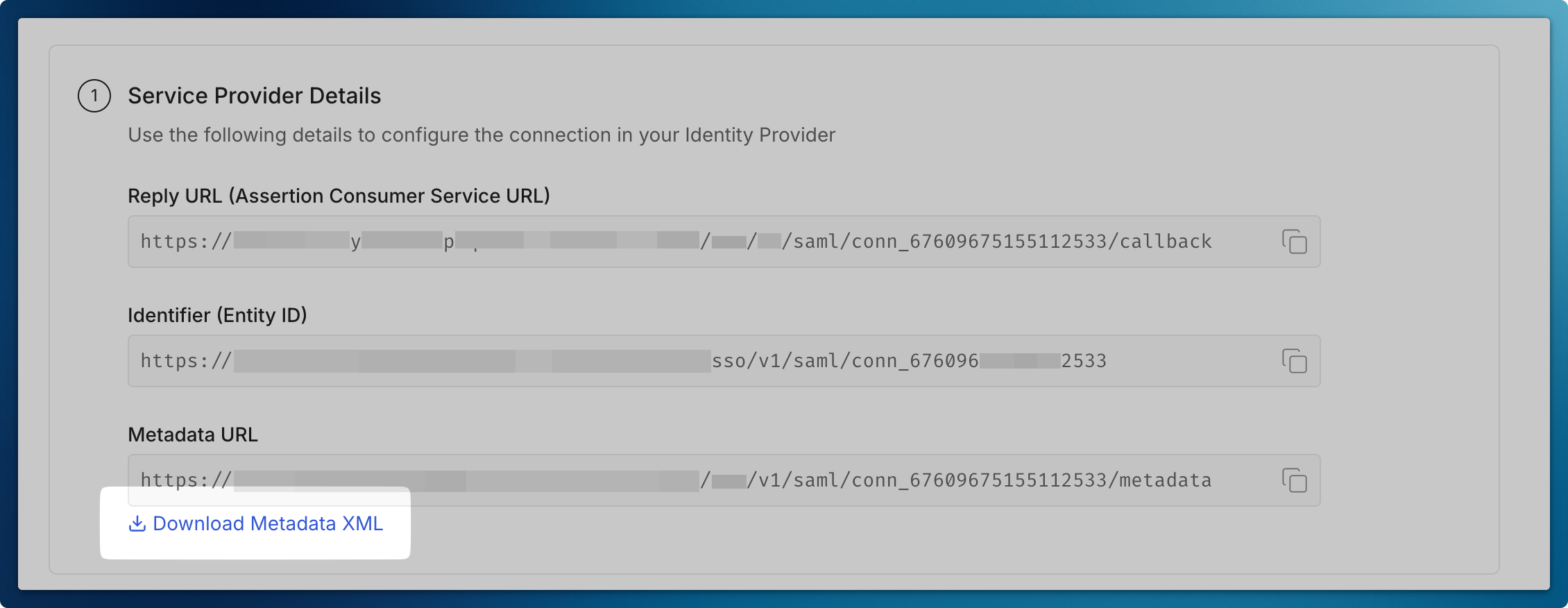 Service Provider Details panel with the Download Metadata XML link highlighted