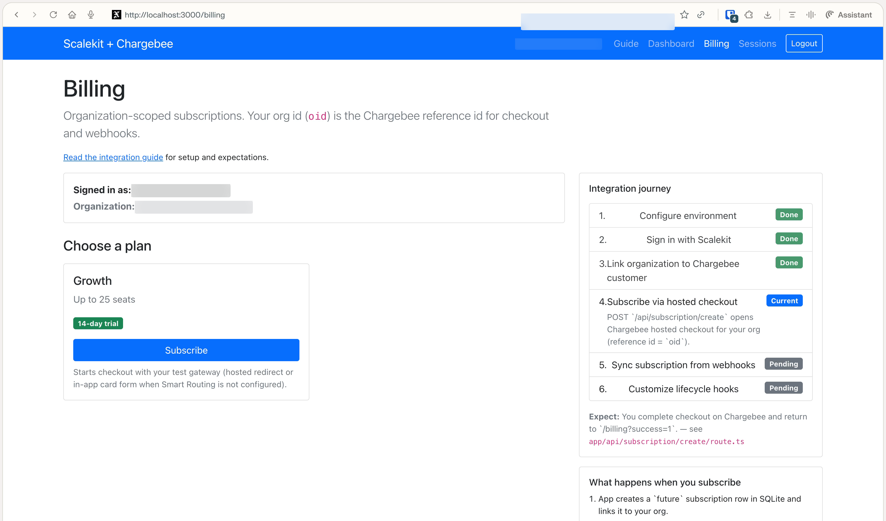 Billing page: Growth plan with Subscribe, integration journey on subscribe step