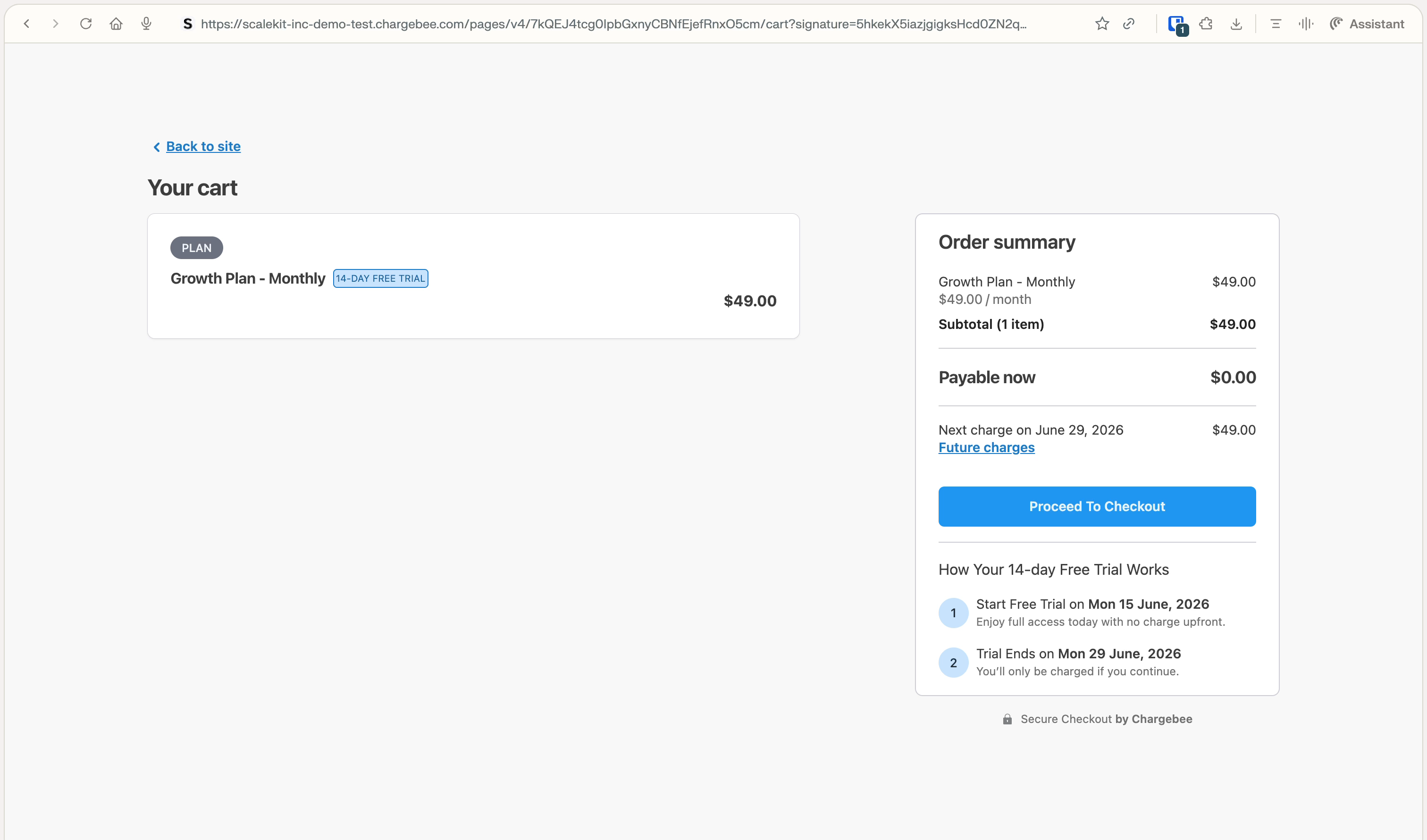 Chargebee hosted cart: Growth Plan monthly with 14-day free trial