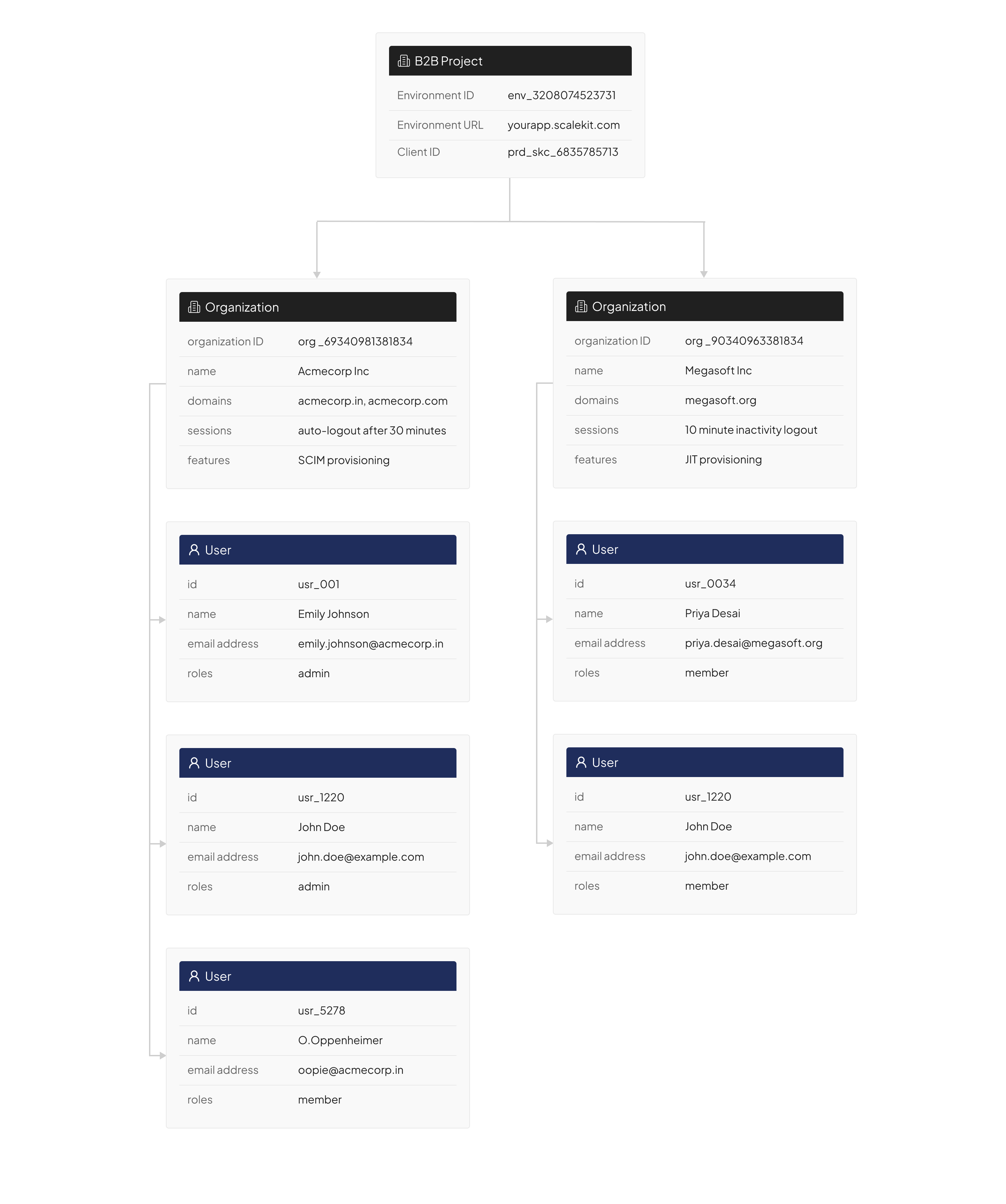 Data model diagram: a B2B project containing two organizations, each with users showing id, name, email, and role attributes
