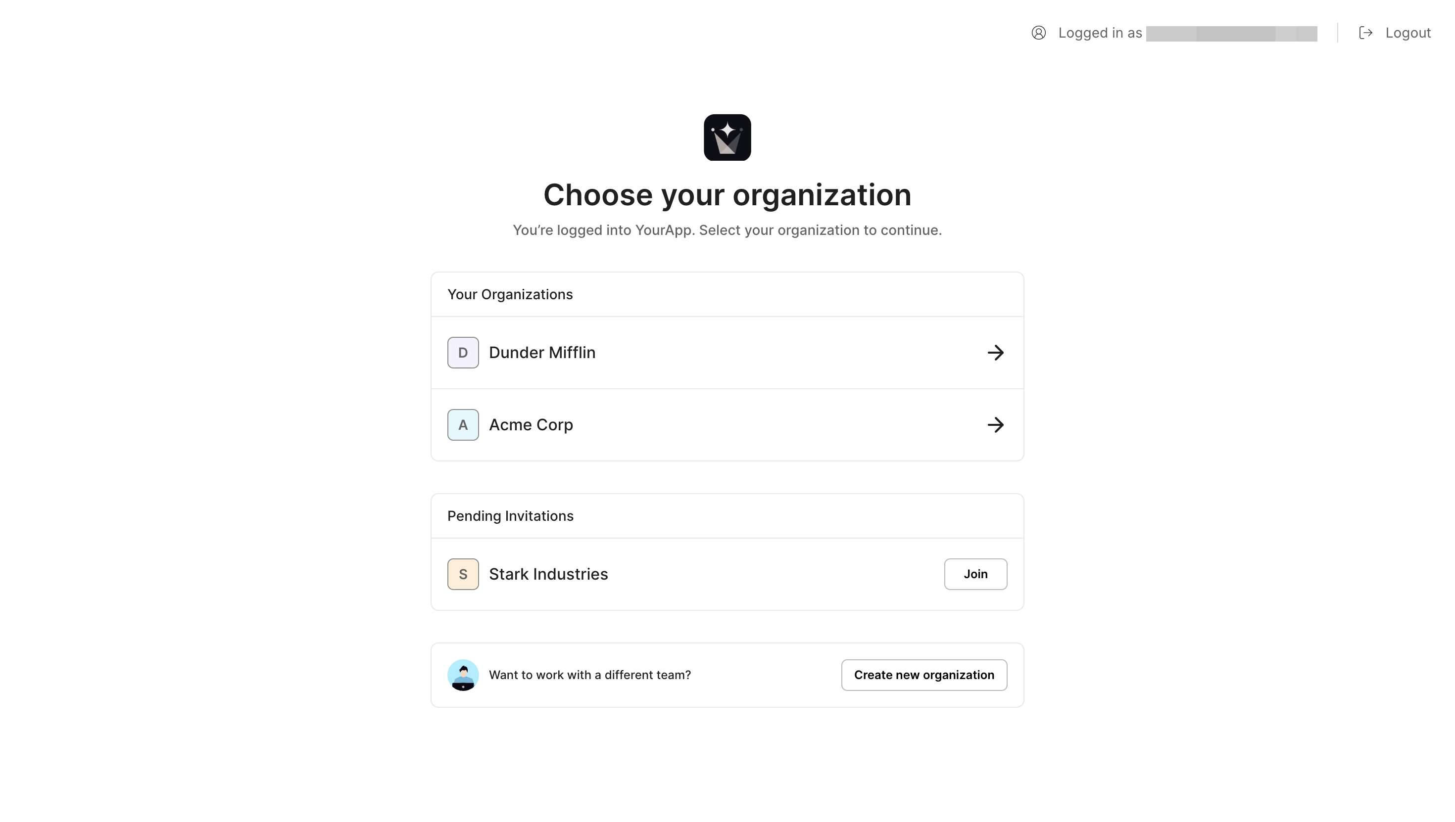 Scalekit organization switcher screen listing a user's organizations and a pending invitation with a Join button