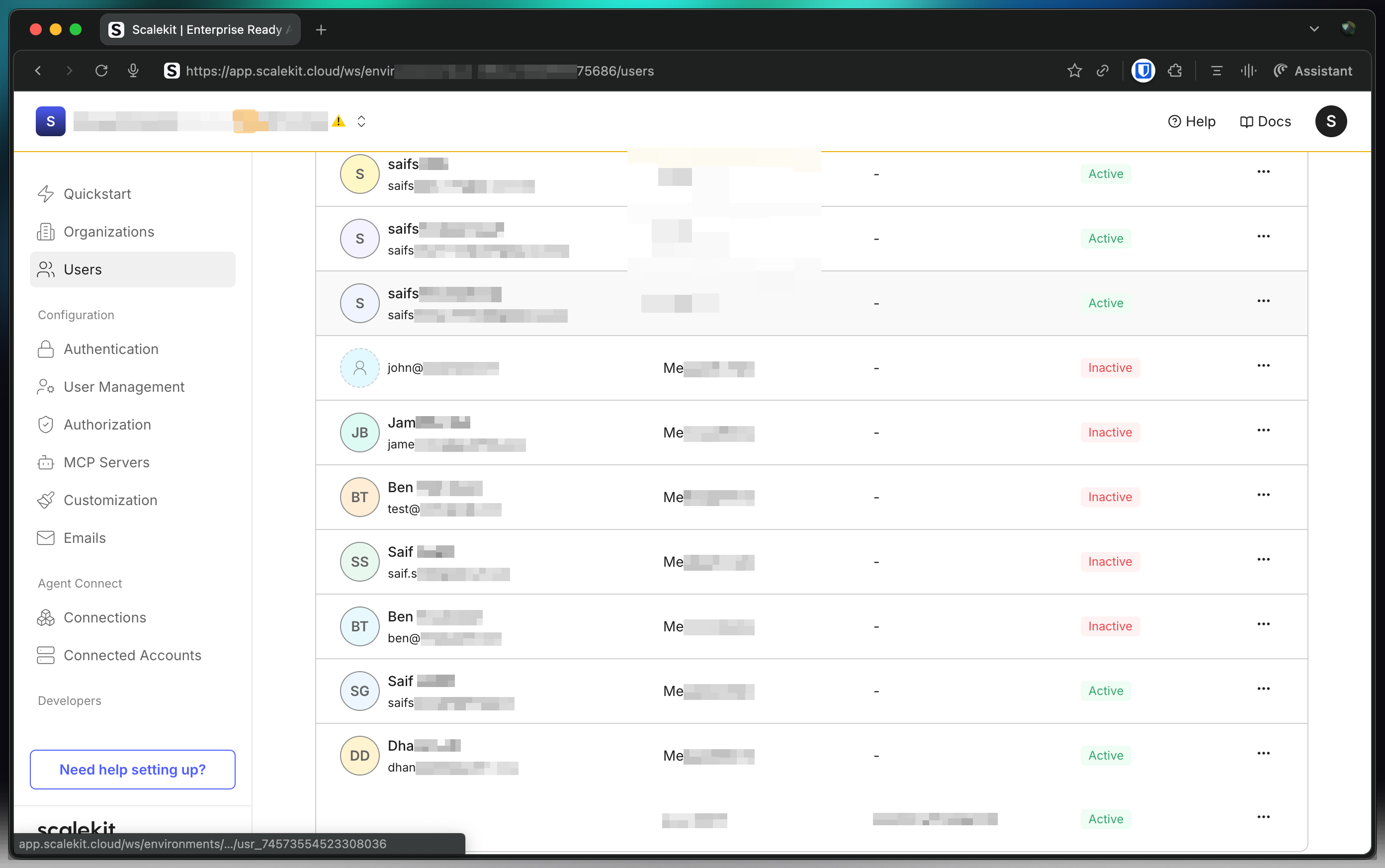 Scalekit dashboard Users page listing application users with their email and active or inactive status