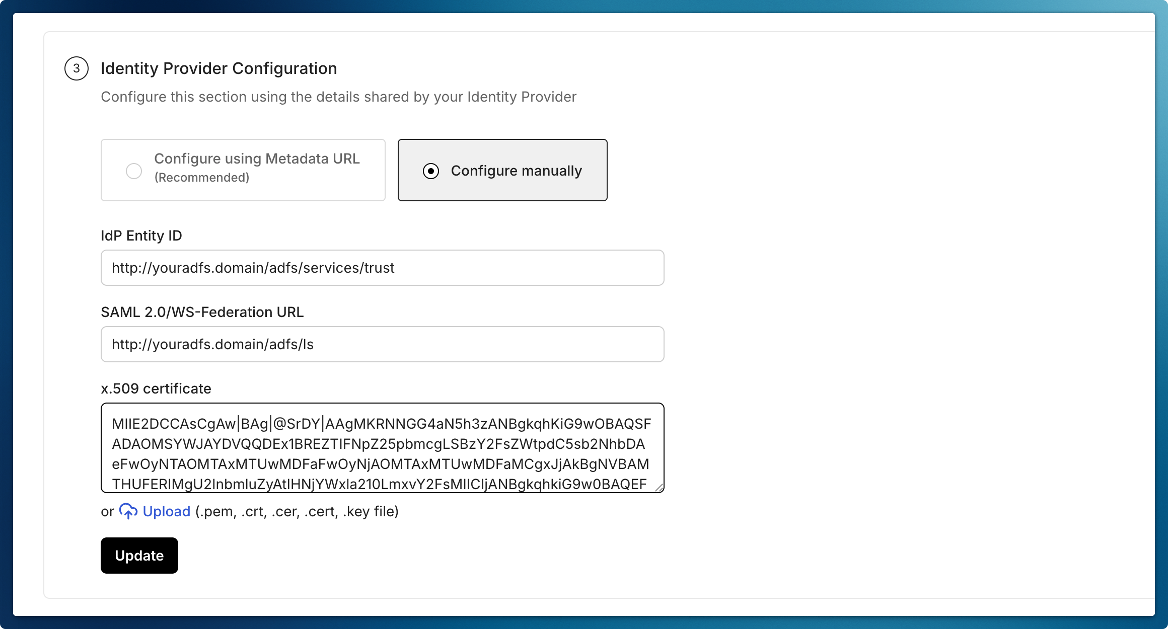 Identity Provider Configuration form with manual entry fields for the IdP entity ID, SAML URL, and X.509 certificate
