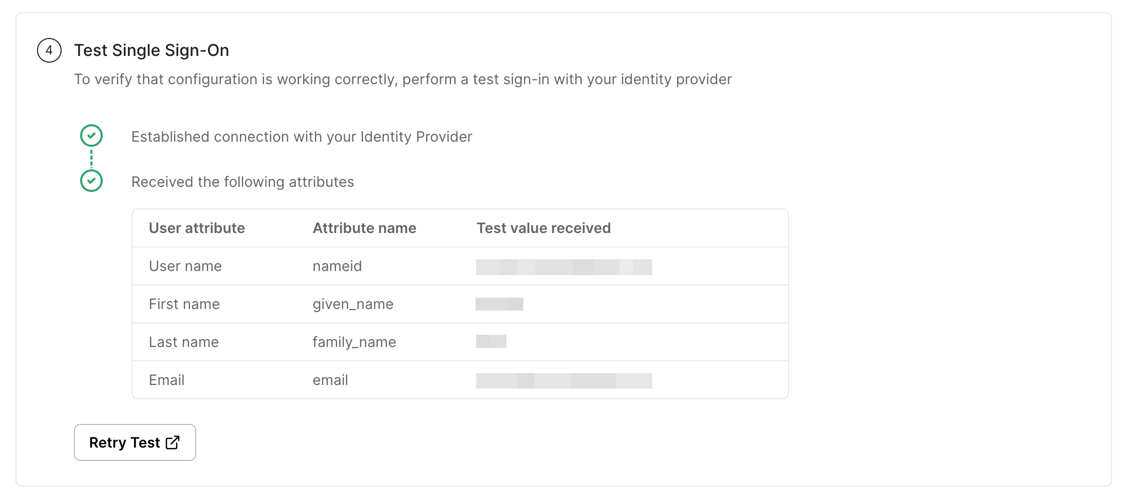 Test single sign-on step showing a successful connection and the received user attributes