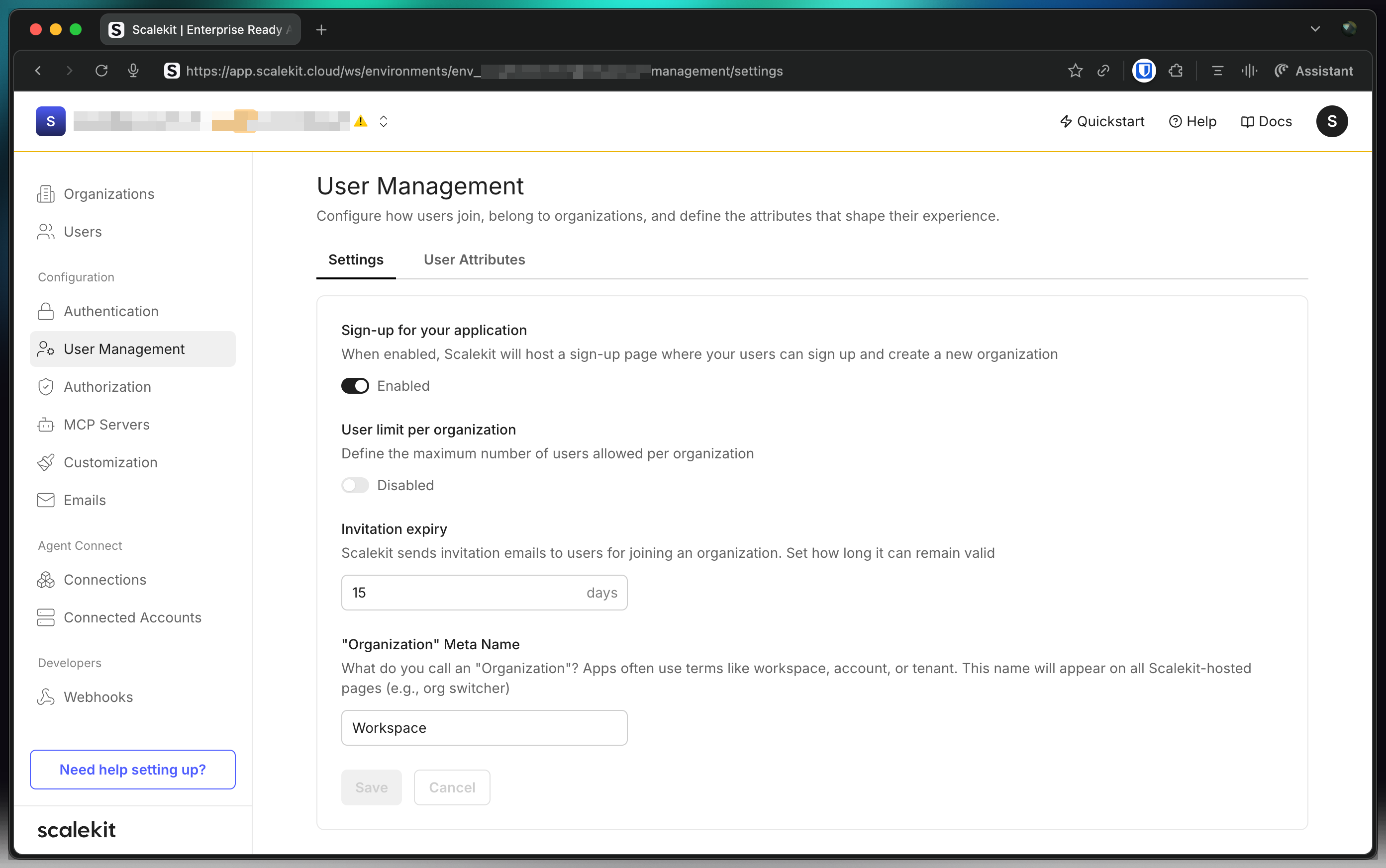Scalekit dashboard User Management settings tab with toggles for sign-up, user limit per organization, invitation expiry, and organization meta name