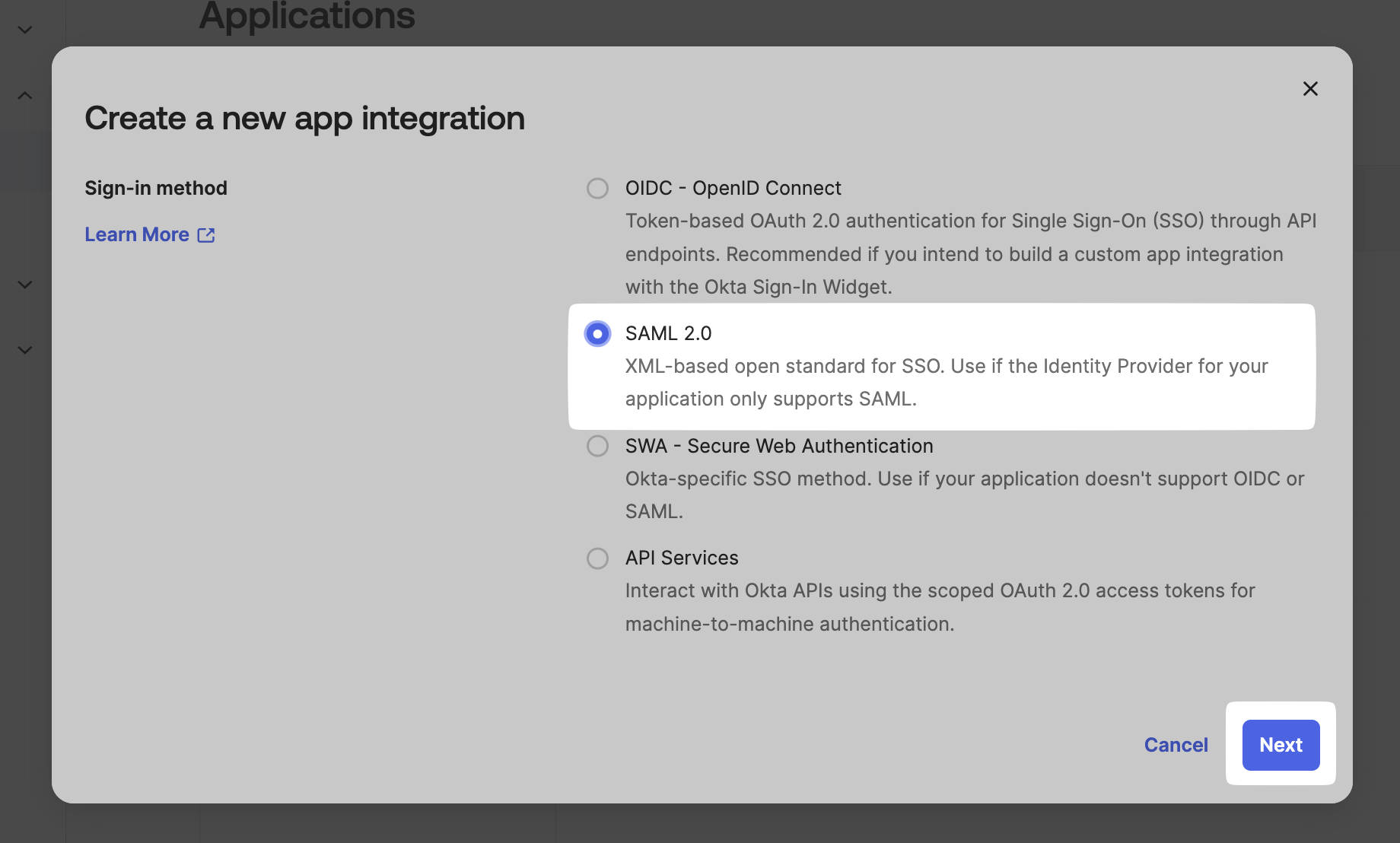 Create a new app integration dialog with SAML 2.0 selected as the sign-in method