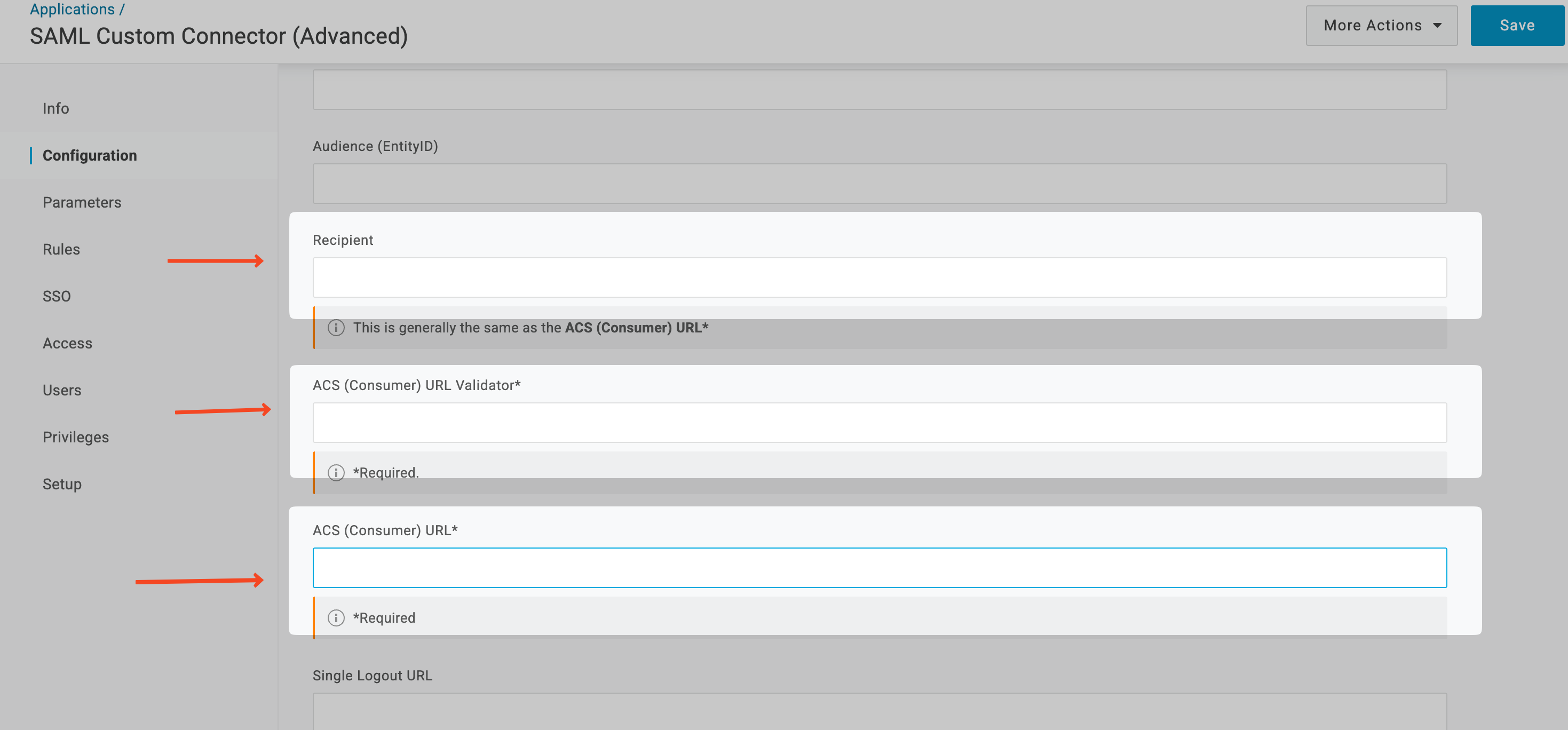 OneLogin SAML Custom Connector configuration with Recipient, ACS (Consumer) URL Validator, and ACS (Consumer) URL fields highlighted