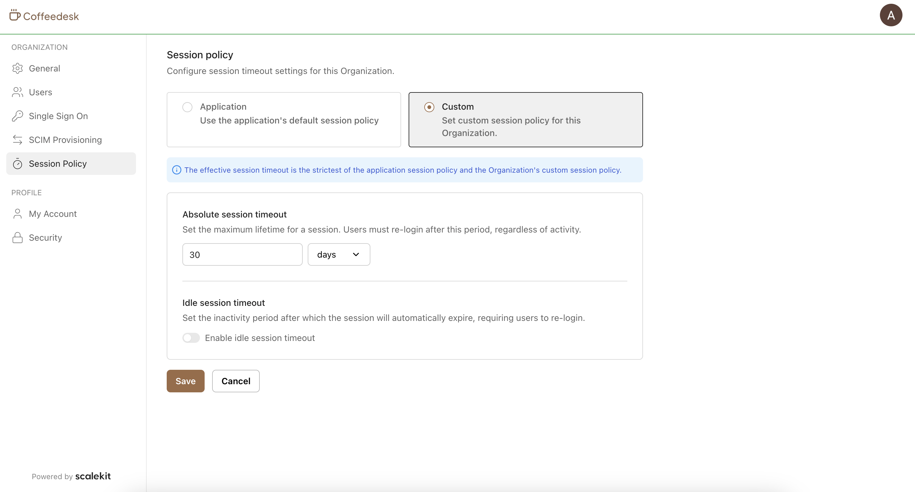 Session policy widget with Application and Custom options selected, showing absolute and idle session timeout settings
