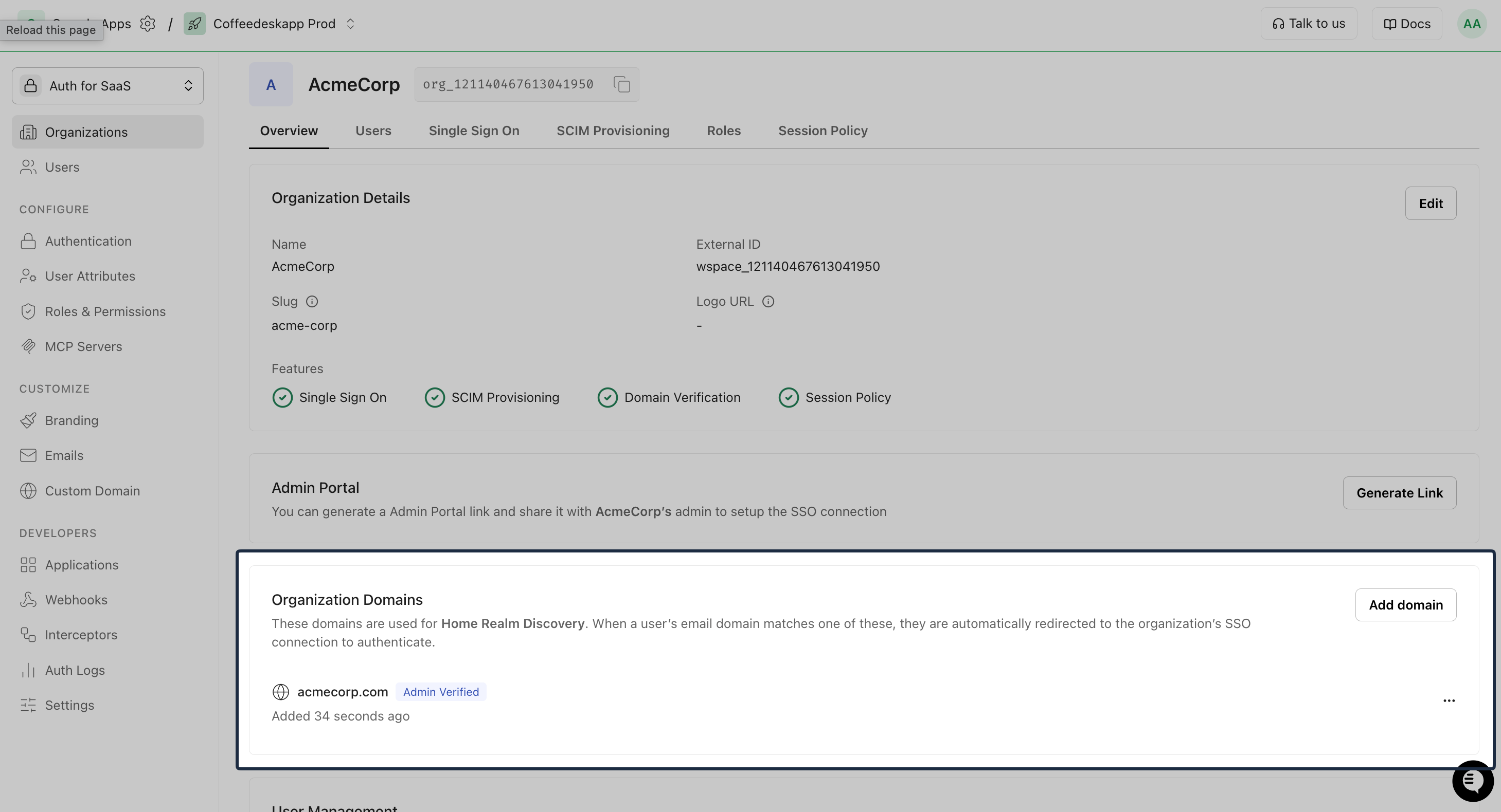 Domain verification via dashboard