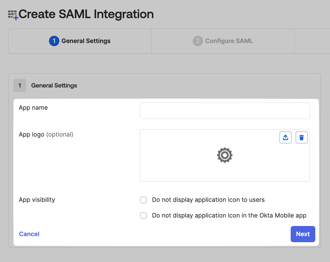 General Settings step of the Create SAML Integration wizard with app name and logo fields