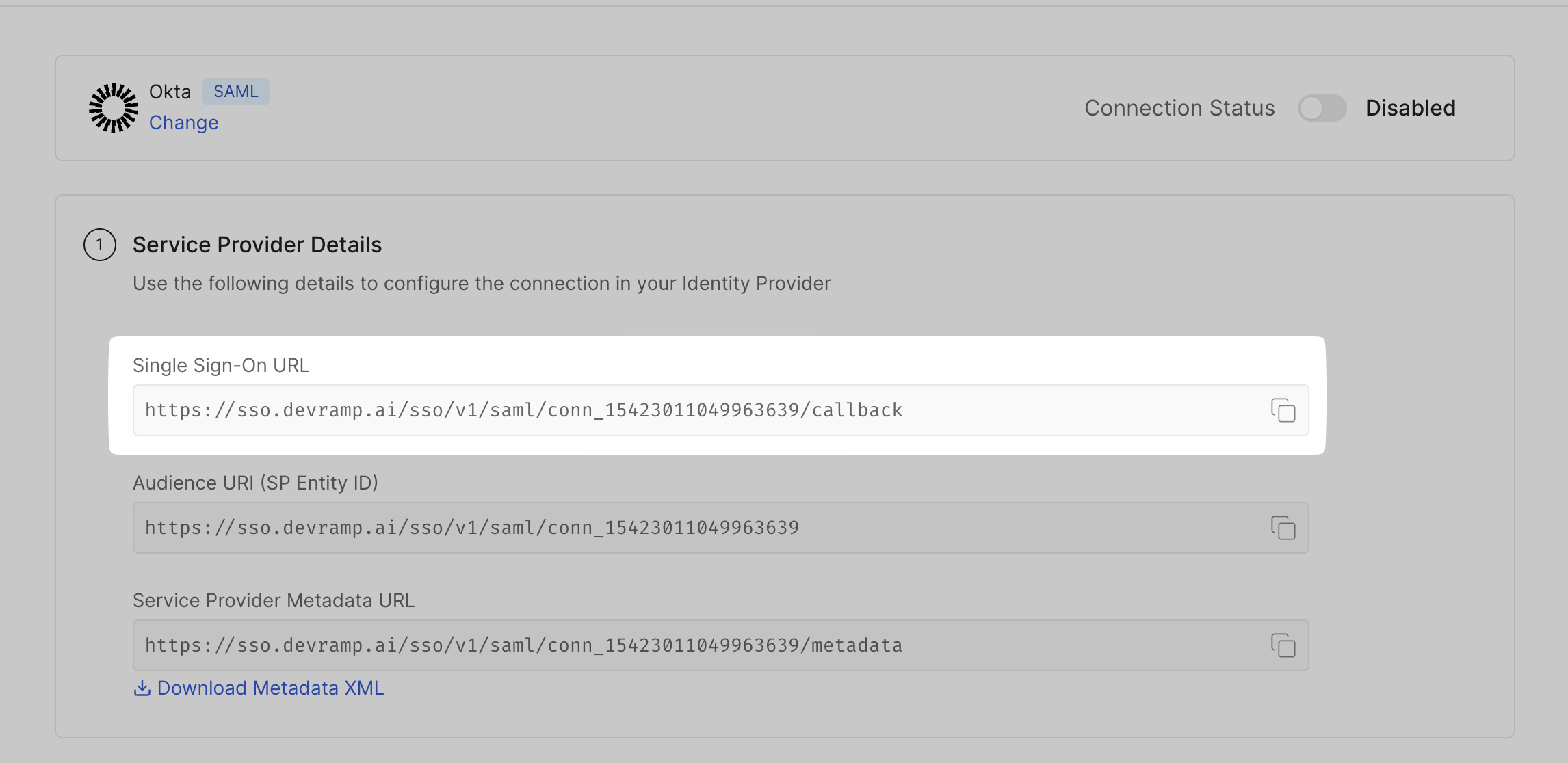SSO Configuration Portal showing the Single Sign-On URL to copy into Okta