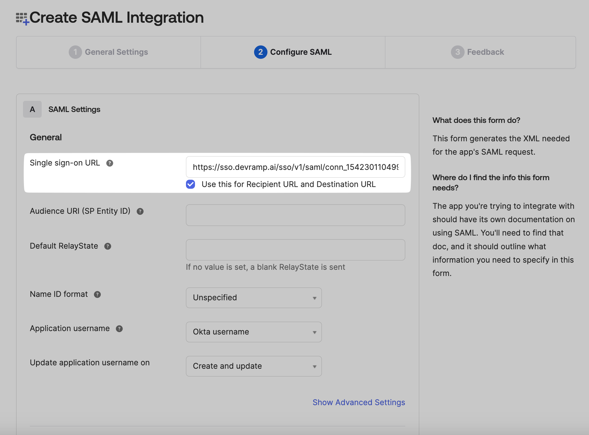 Configure SAML step in Okta with the Single sign-on URL field filled in