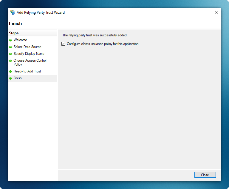 Finish step of the Add Relying Party Trust Wizard with the claims issuance policy checkbox selected