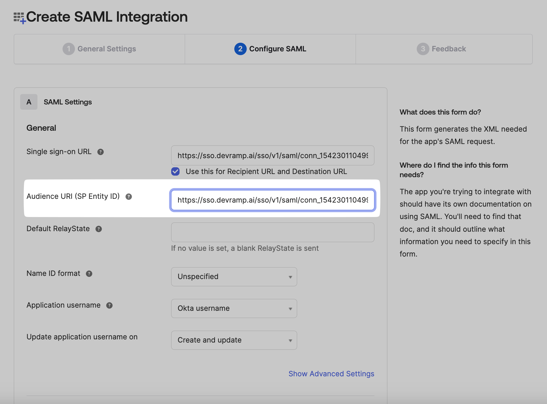 Configure SAML step in Okta with the Audience URI (SP Entity ID) field highlighted