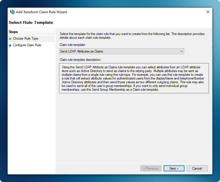 Select Rule Template step with Send LDAP Attributes as Claims chosen