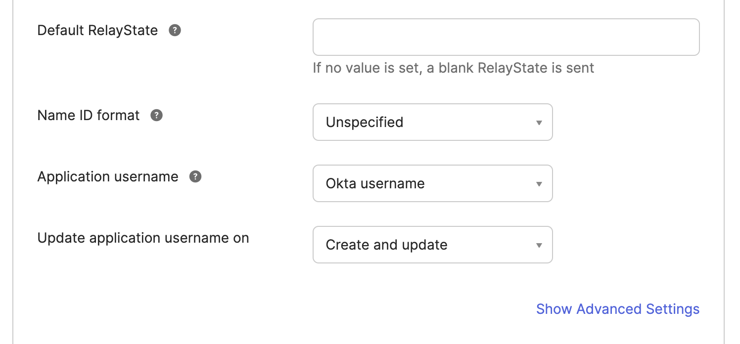 Okta SAML settings for Default RelayState, Name ID format, and application username options