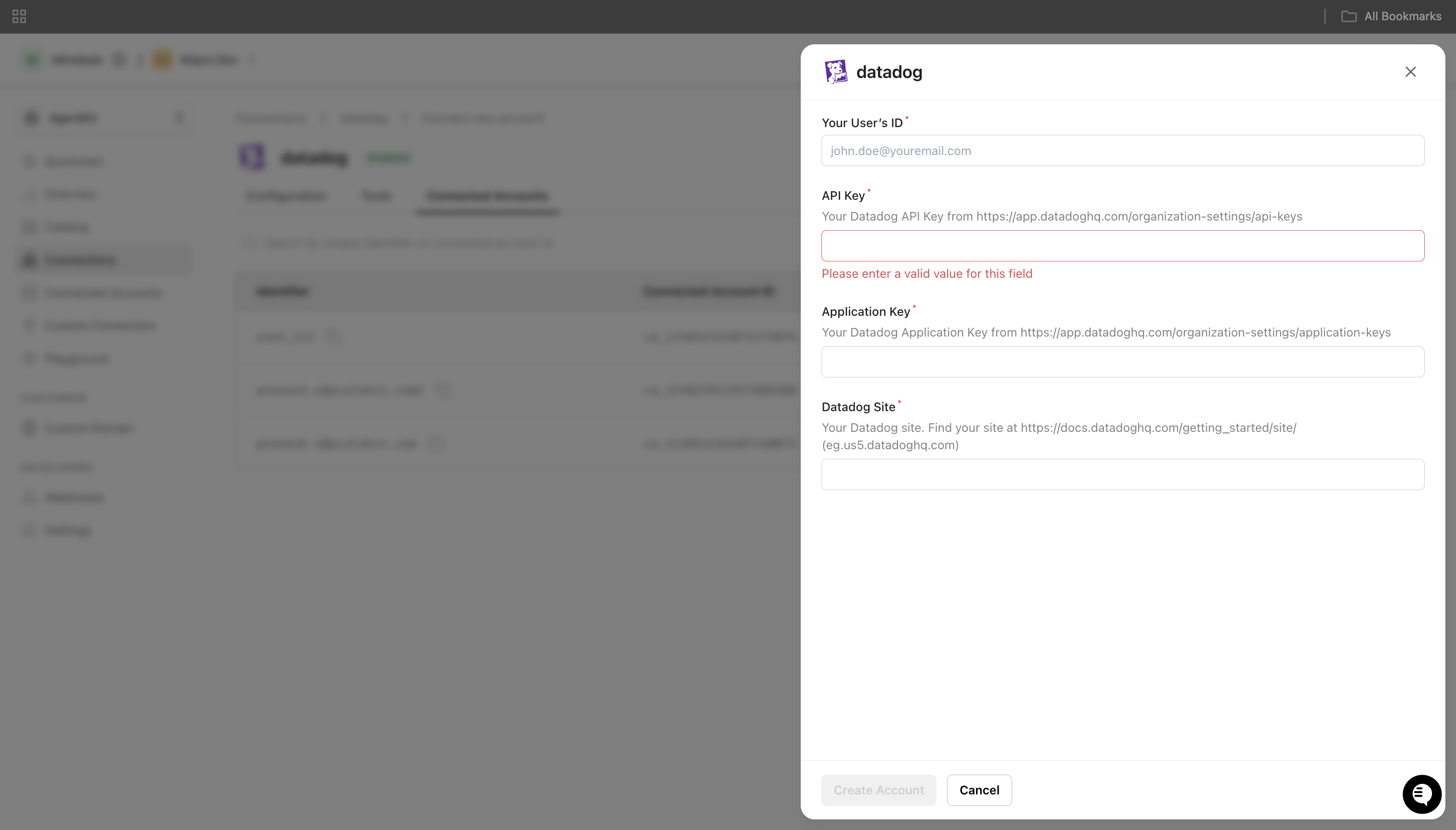 Add connected account form for Datadog in Scalekit showing User ID, API Key, Application Key, and Datadog Site fields