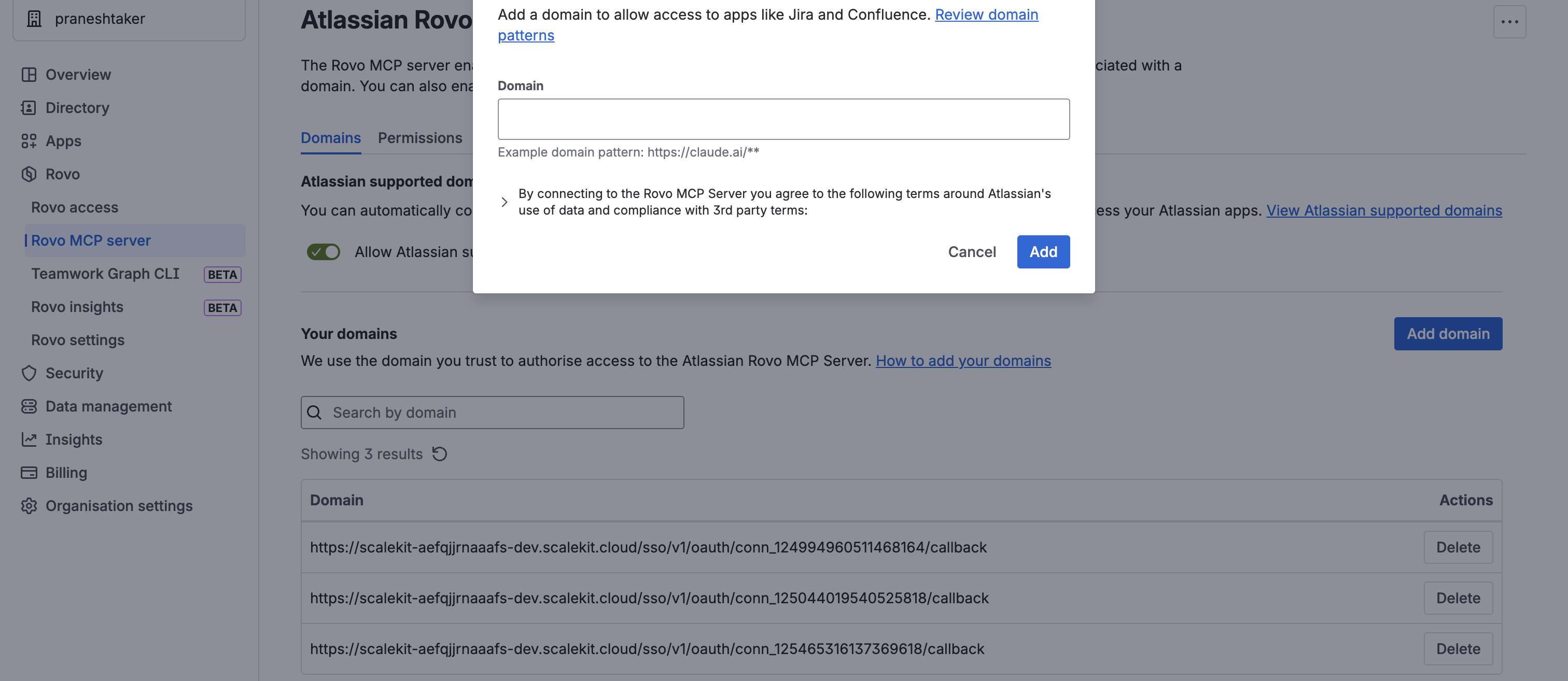 Add domain dialog in Atlassian Rovo MCP server