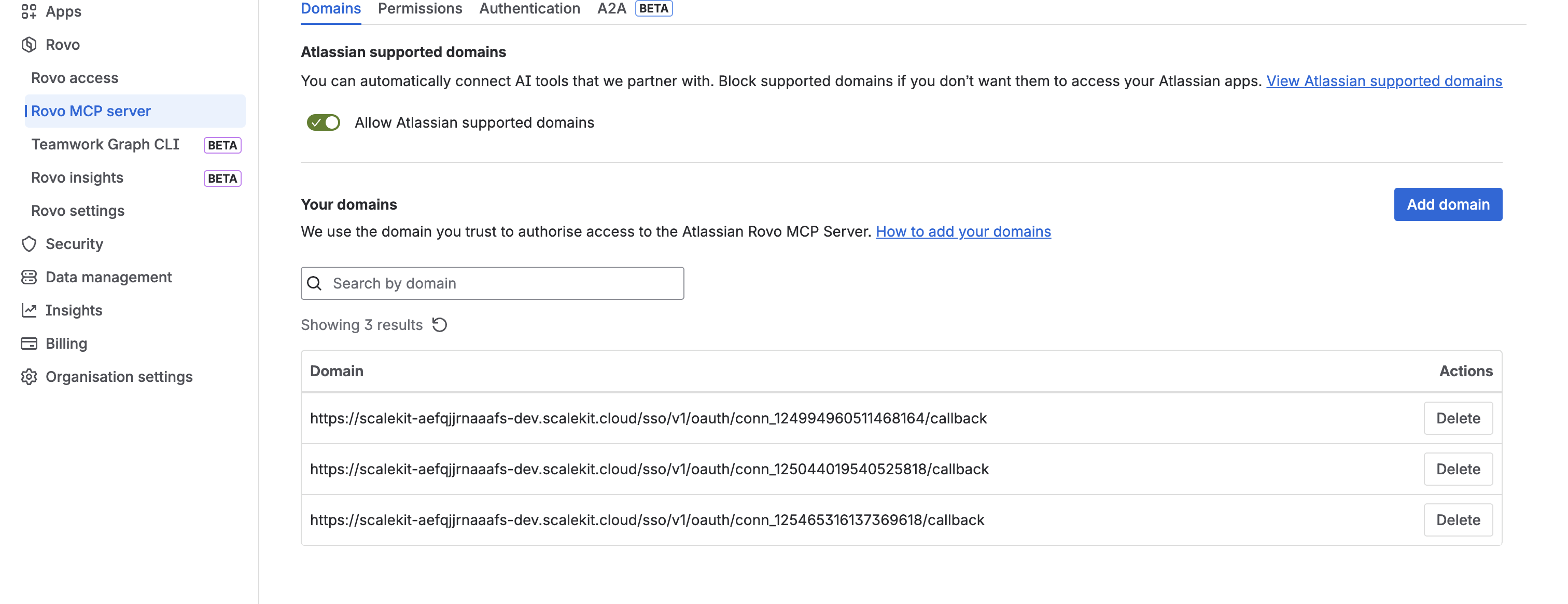 Your domains section in Atlassian Rovo MCP server administration