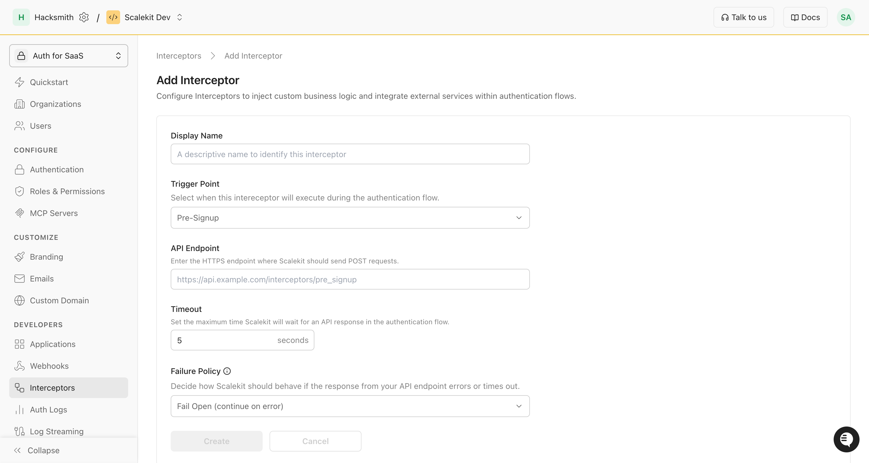Interceptors settings in the Scalekit dashboard