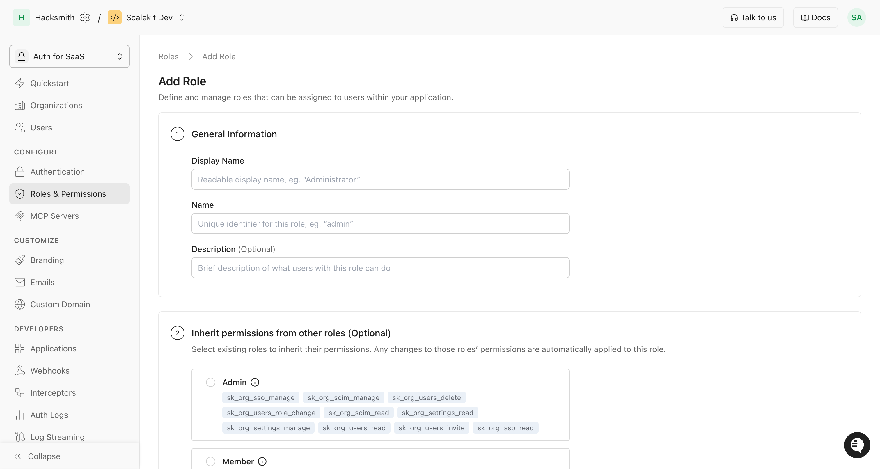 Scalekit roles configuration page showing list of application roles
