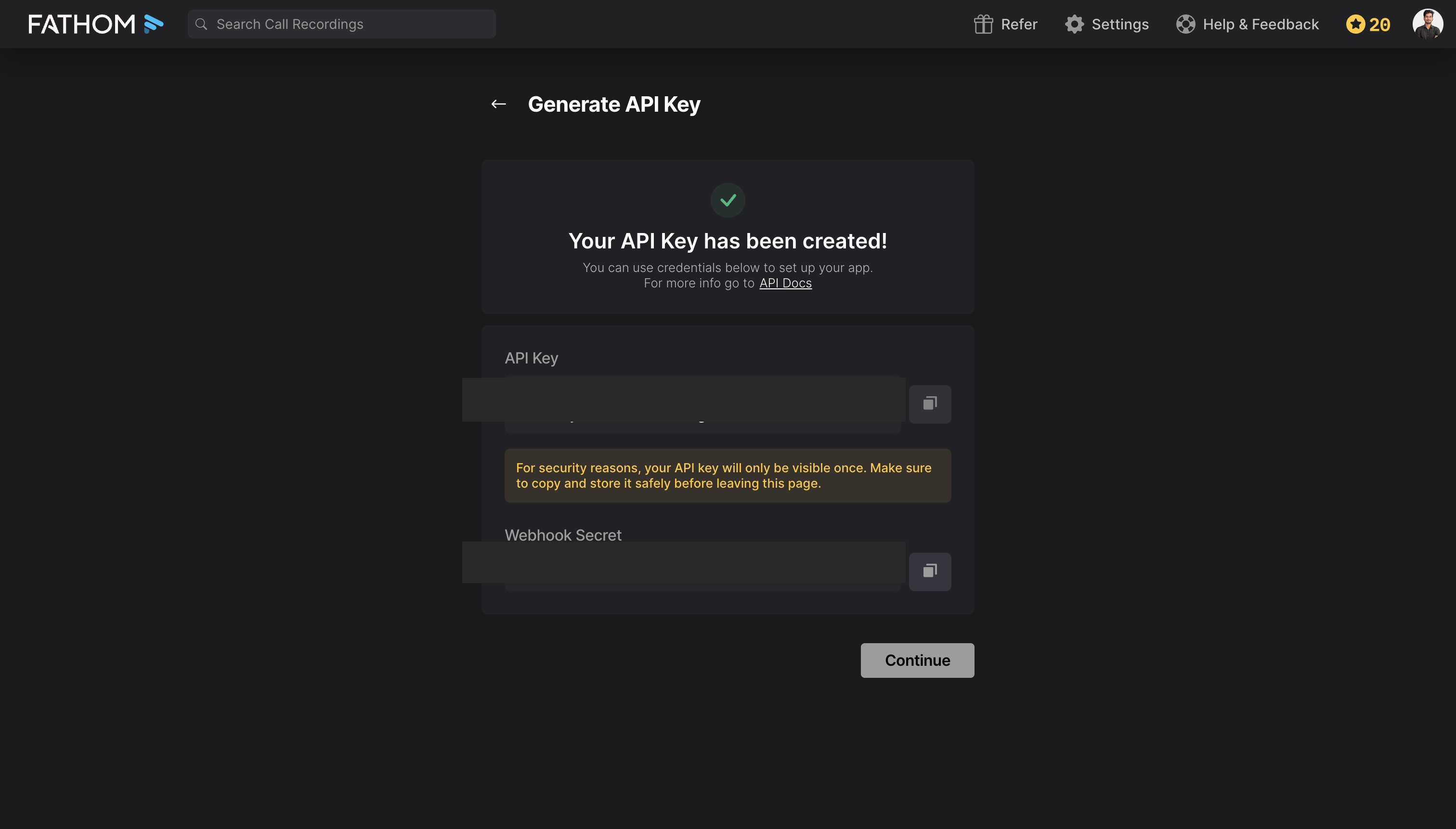Fathom API Key created page showing the key and webhook secret fields
