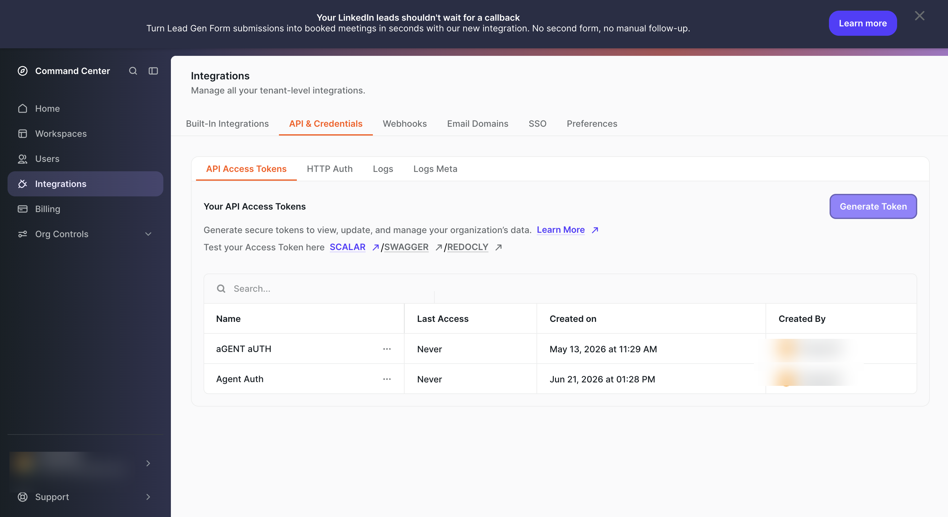 Chili Piper Integrations → API & Credentials → API Access Tokens page showing the Generate Token button and a list of existing tokens