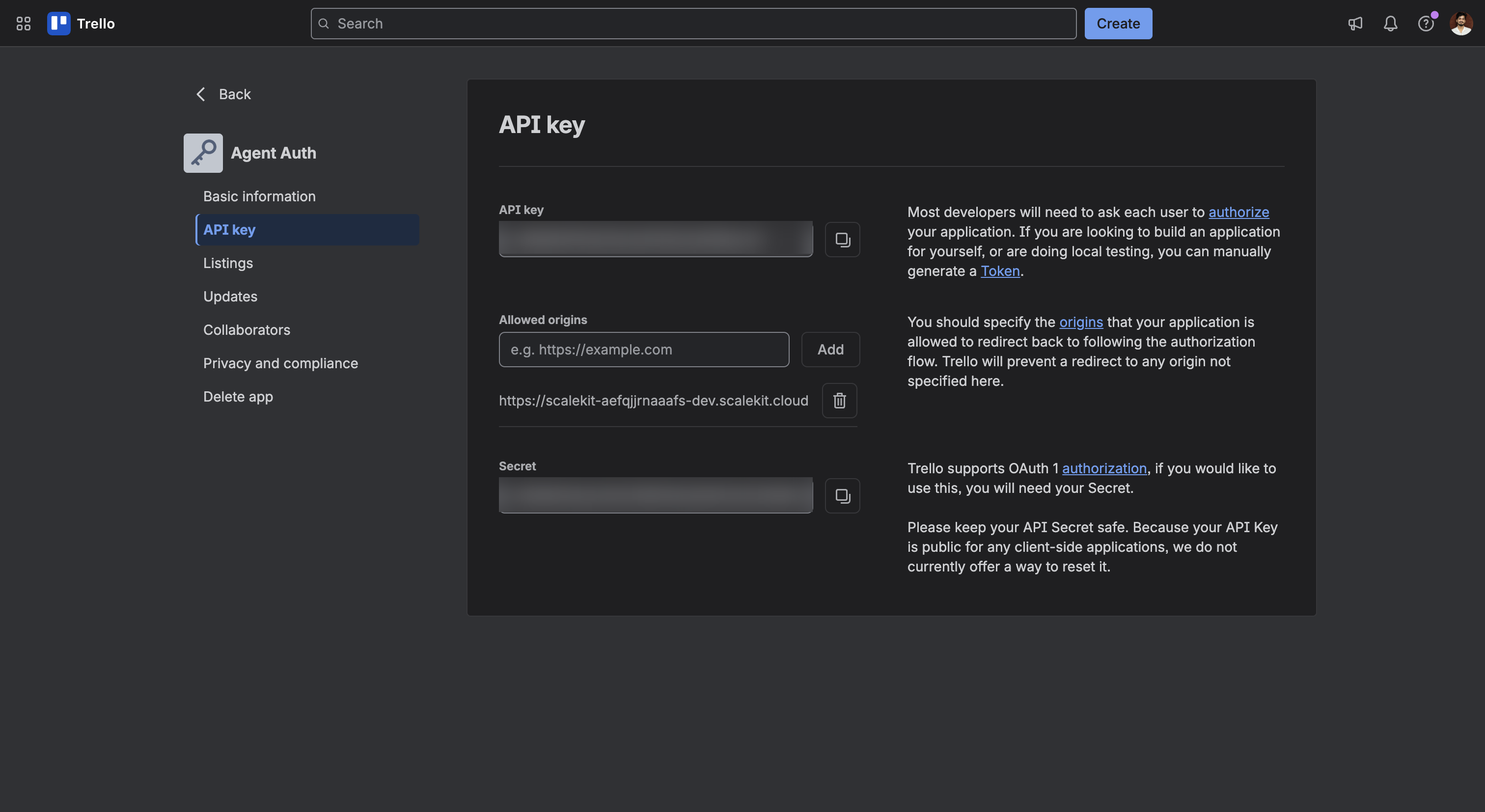 Trello app API key page showing the API key field, Allowed origins, and Secret