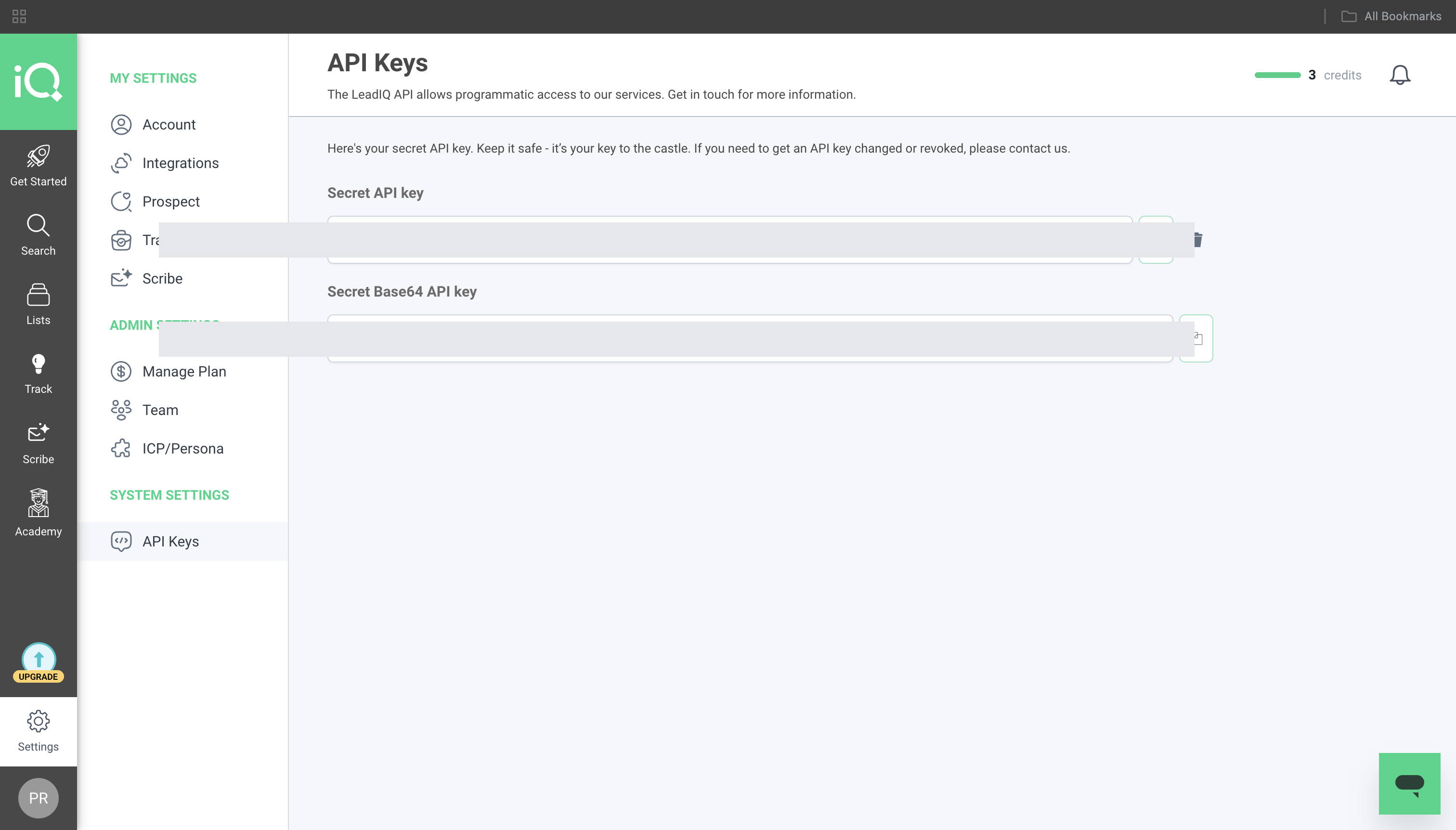 LeadIQ Settings API Keys page showing Secret API key and Secret Base64 API key fields