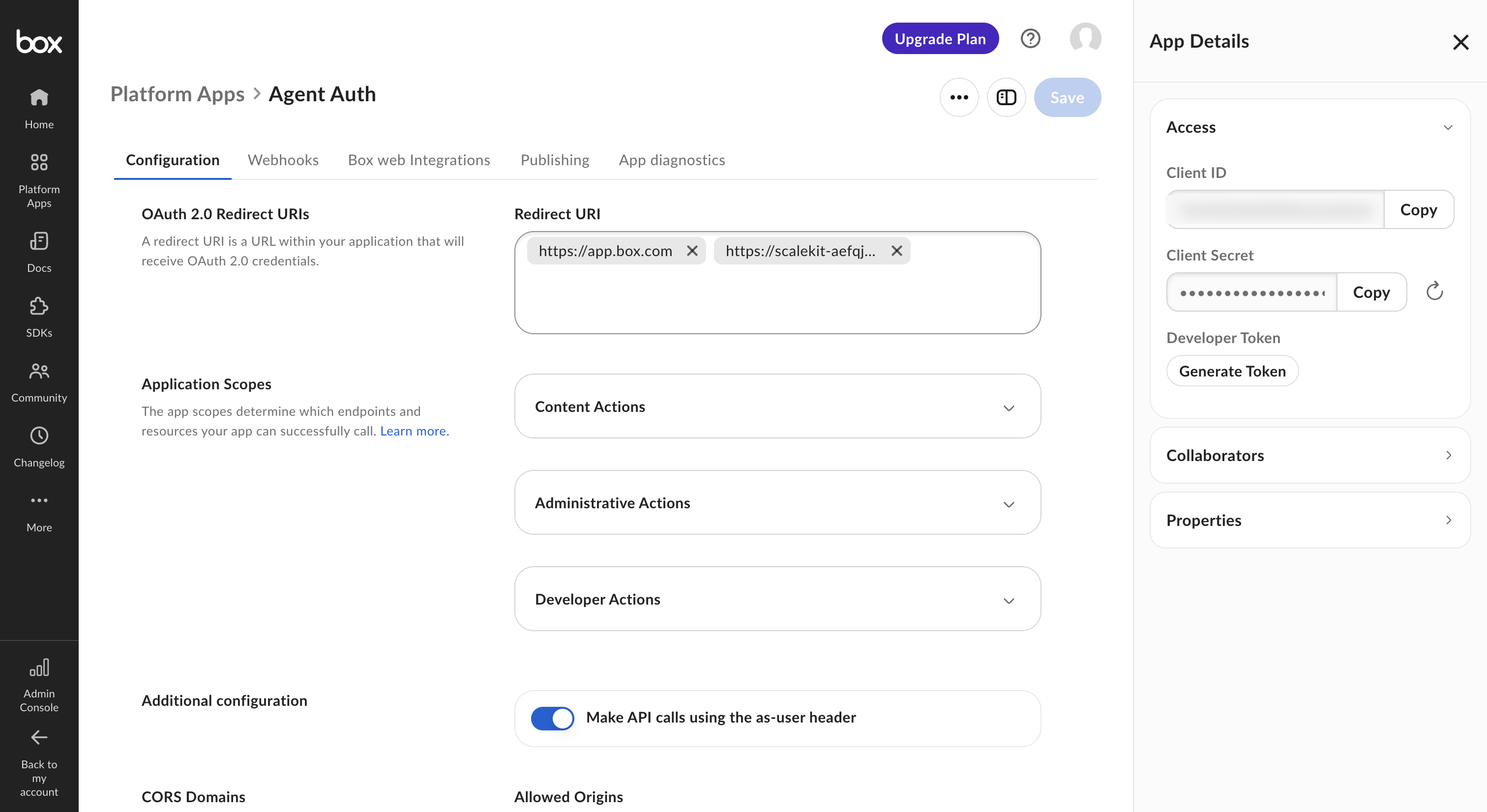 Box App Details panel showing the Client ID and Client Secret fields
