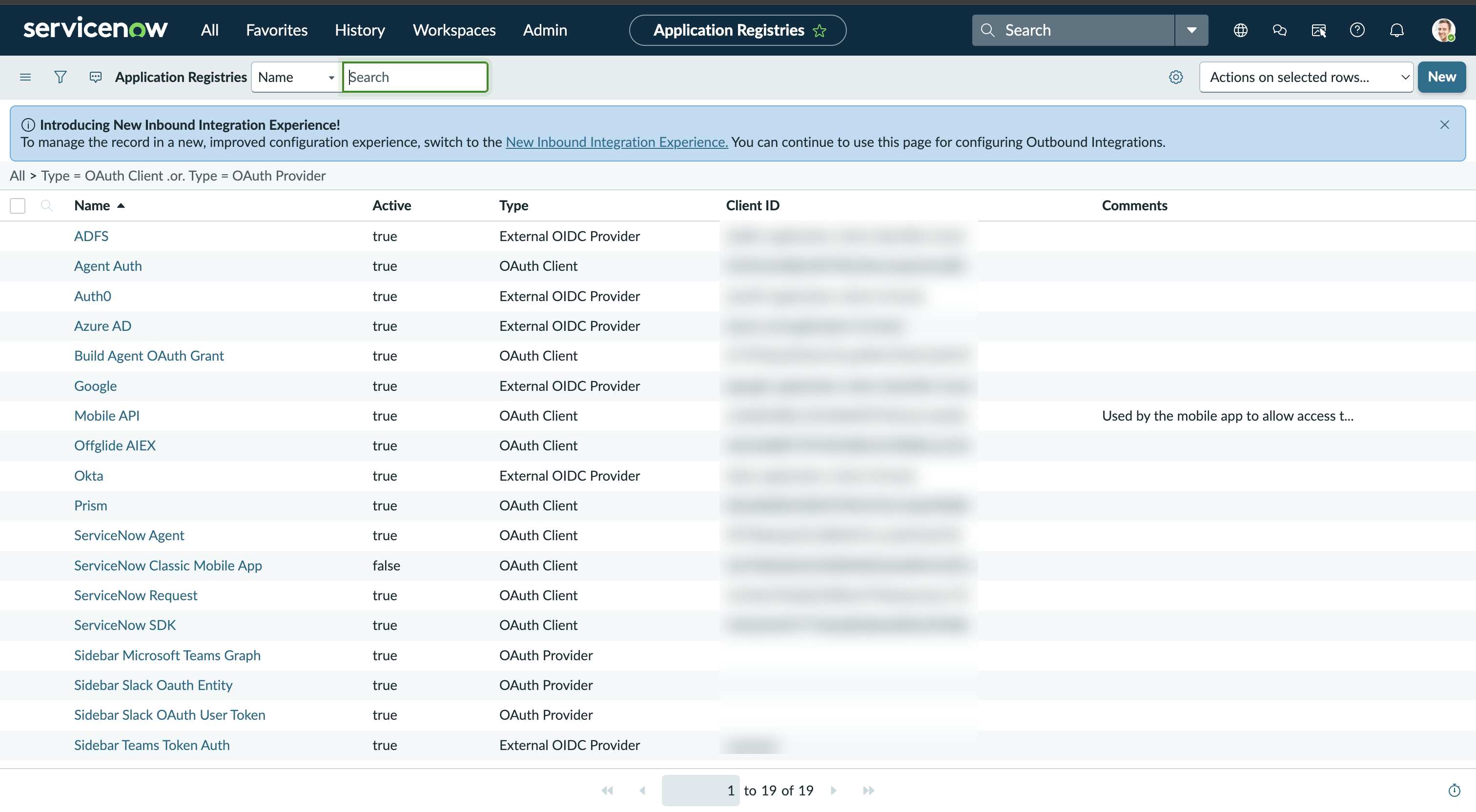 Application Registries list showing existing OAuth clients and providers