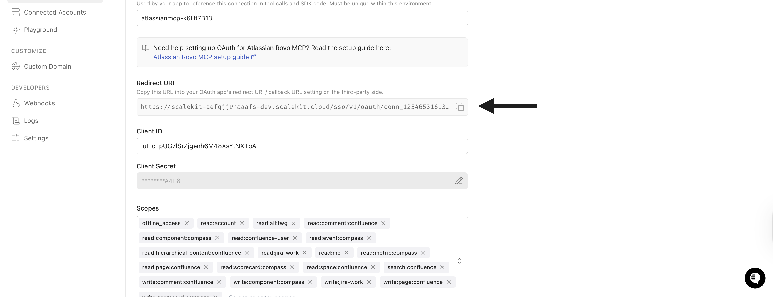 Copy redirect URI from Scalekit dashboard for Atlassian Rovo MCP