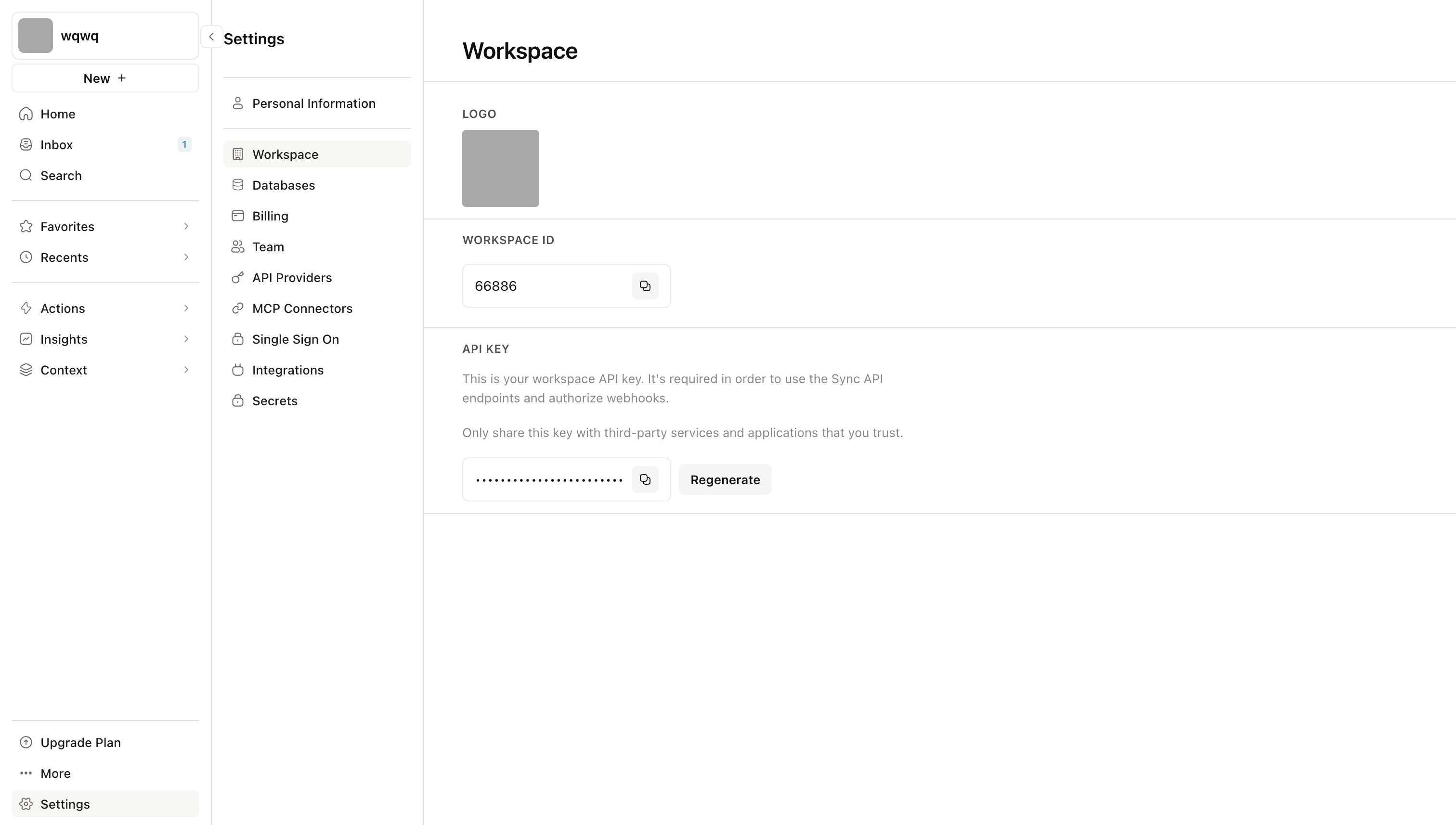 AirOps workspace settings page showing the Workspace ID and API Key section with a masked key and Regenerate button
