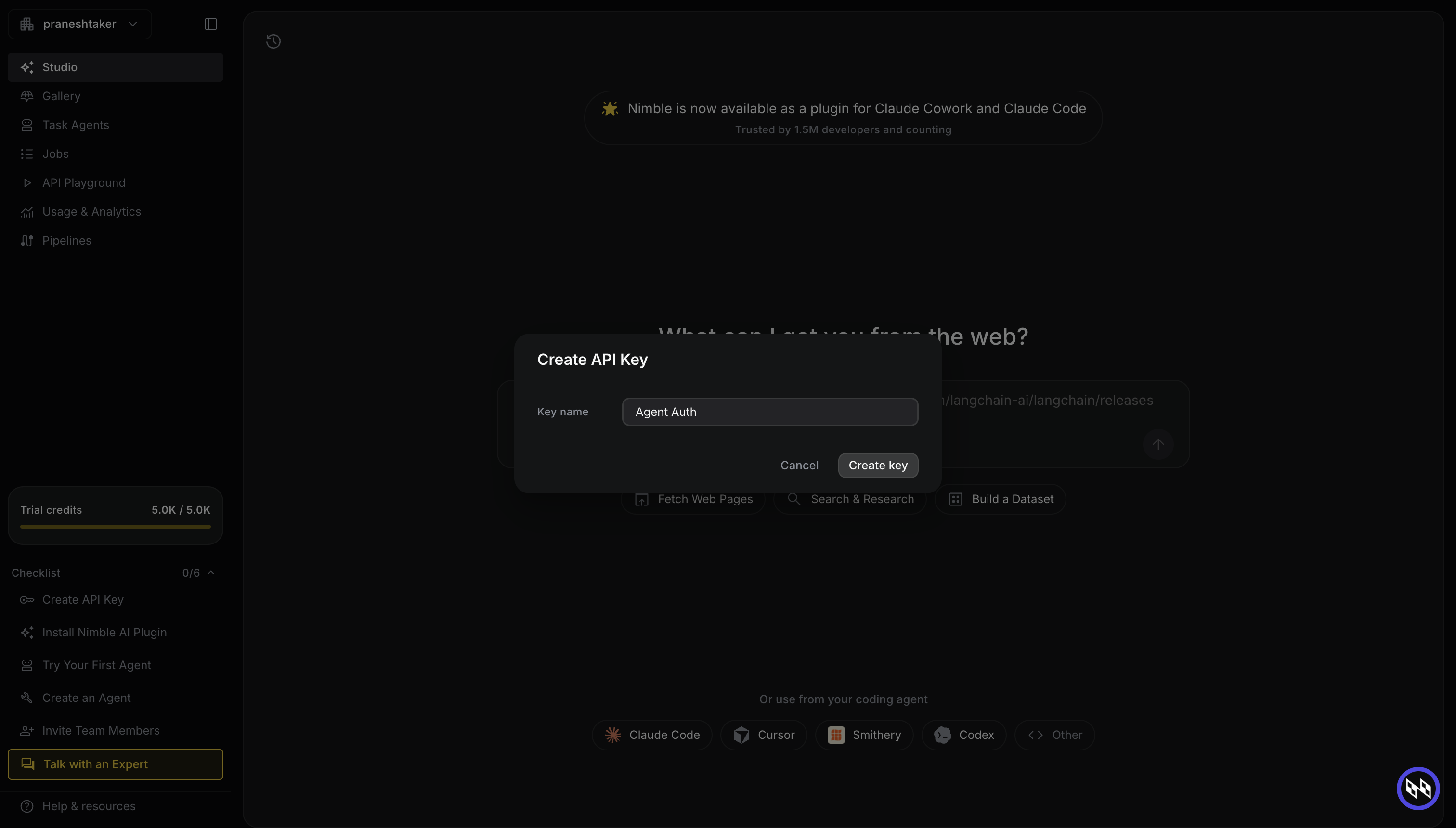 Nimble Create API Key dialog with key name "Agent Auth"