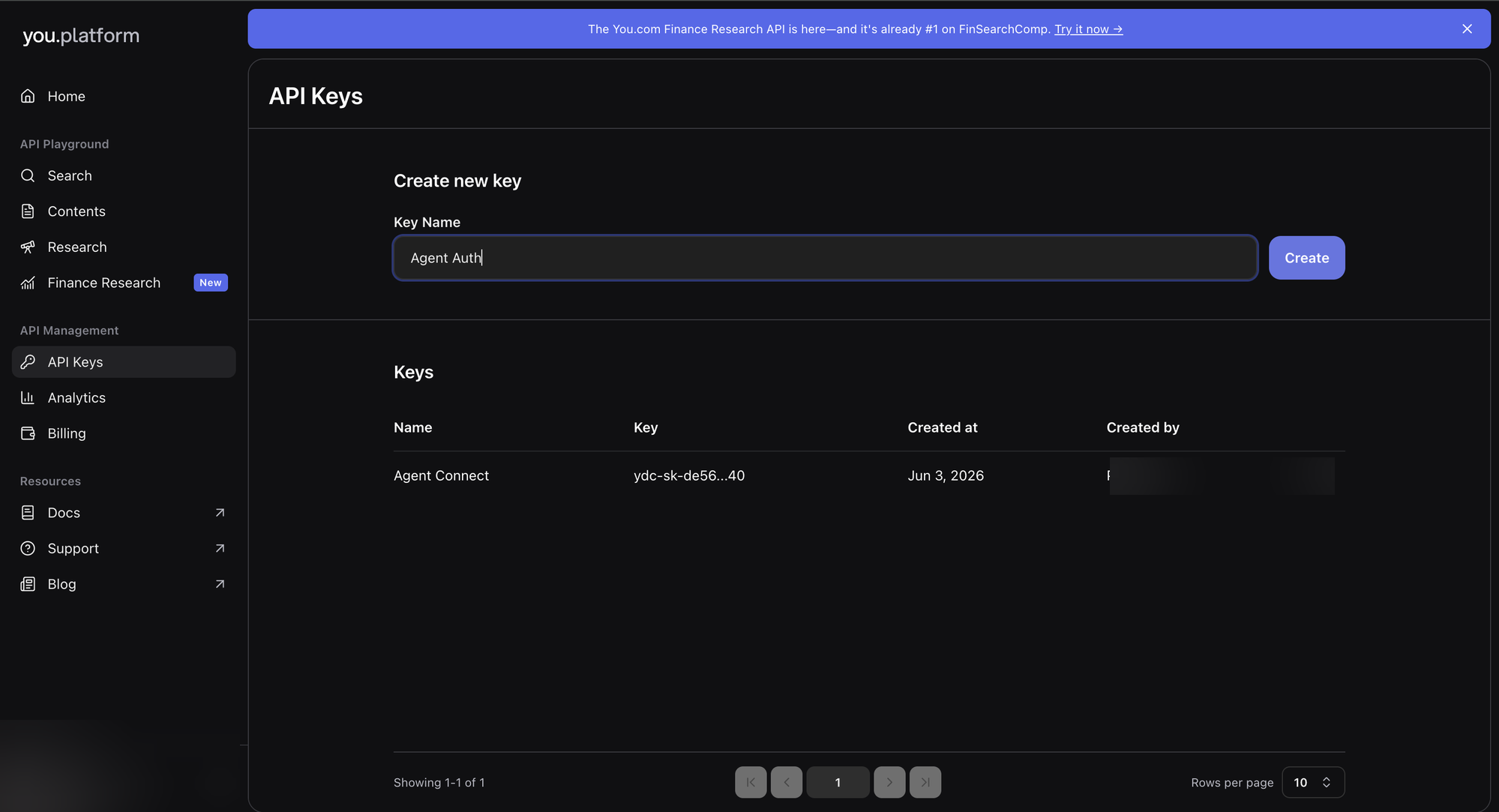 You.com API Keys page showing the Create new key form and existing keys list