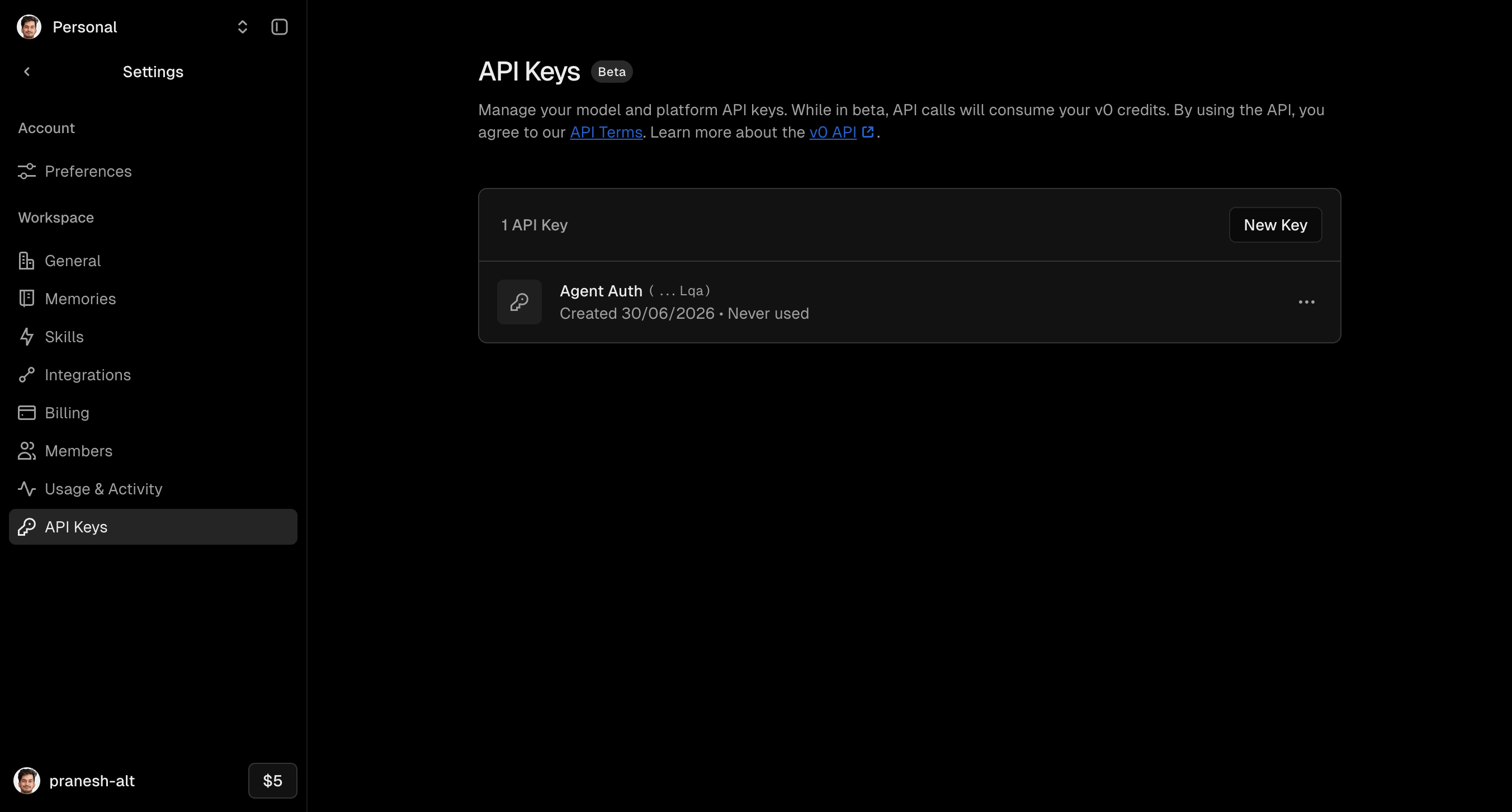 v0 Settings page showing the API Keys section with an existing key and the New Key button
