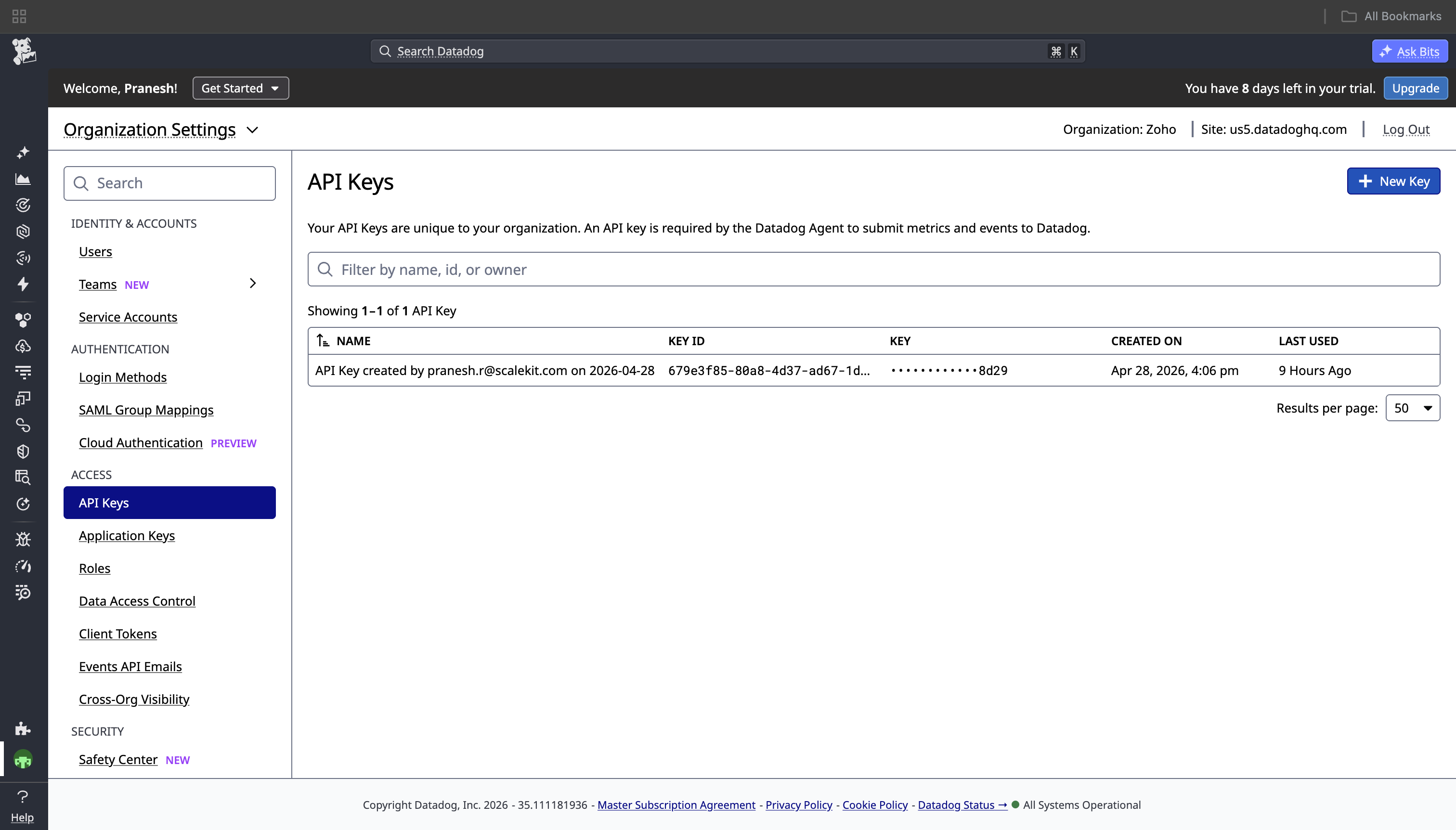 Datadog Organization Settings API Keys page showing existing keys and a New Key button