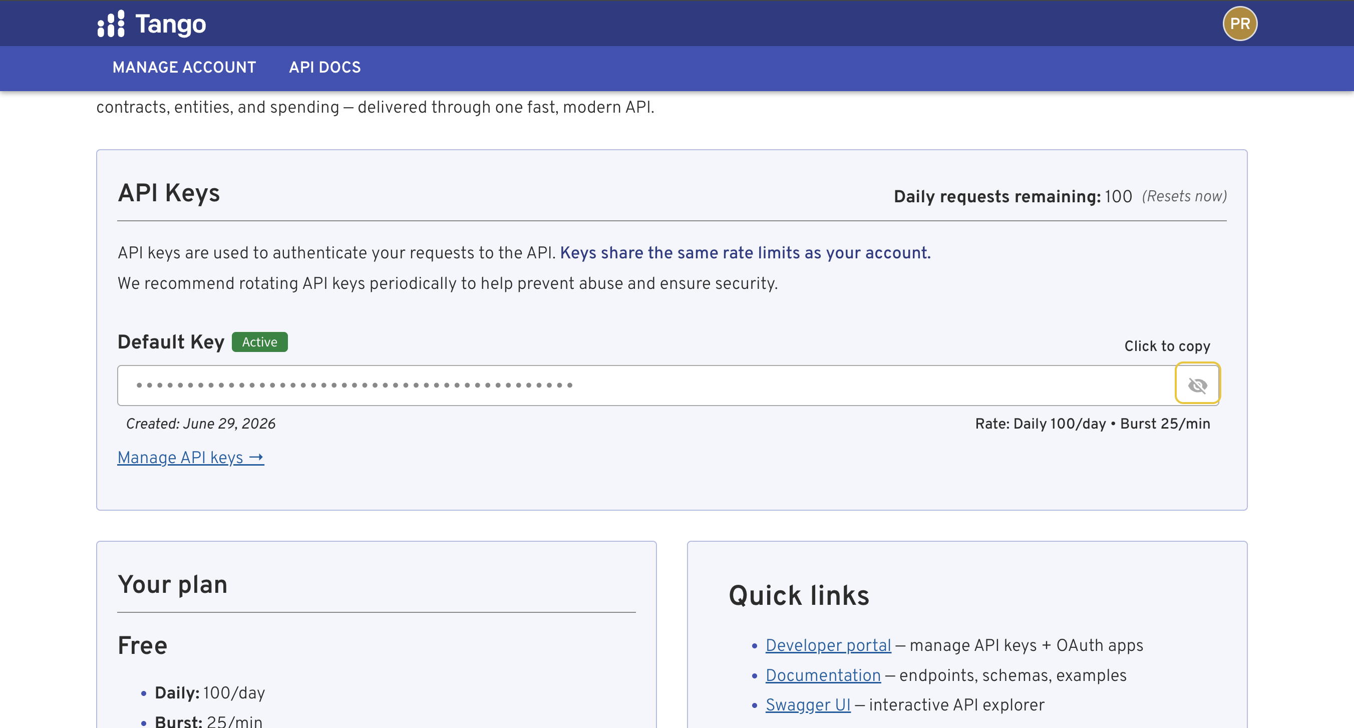 Tango developer portal showing the API Keys section with the Default Key and rate limit information