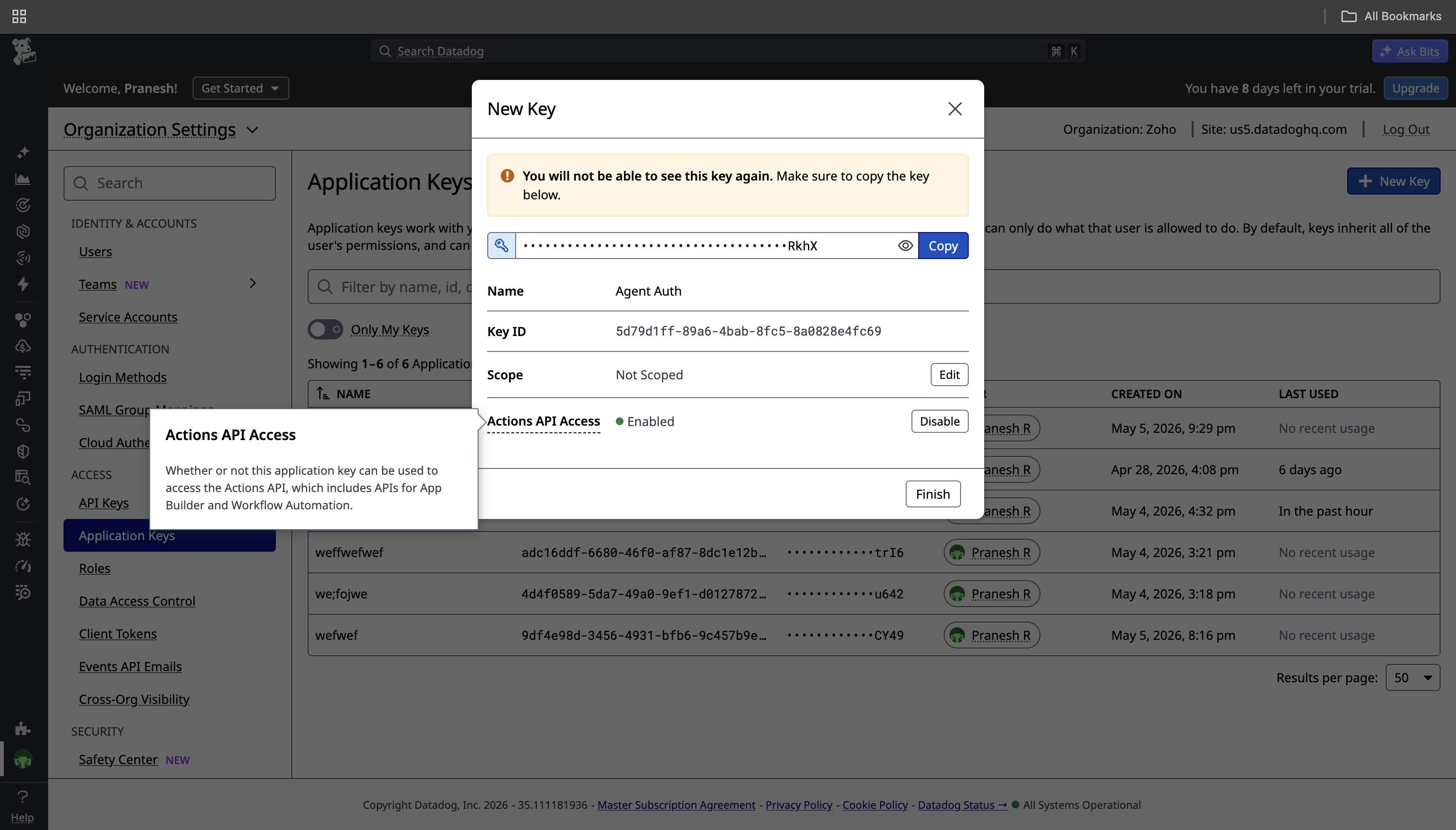 Datadog New Application Key creation modal showing key name, key value to copy, and Actions API Access enabled