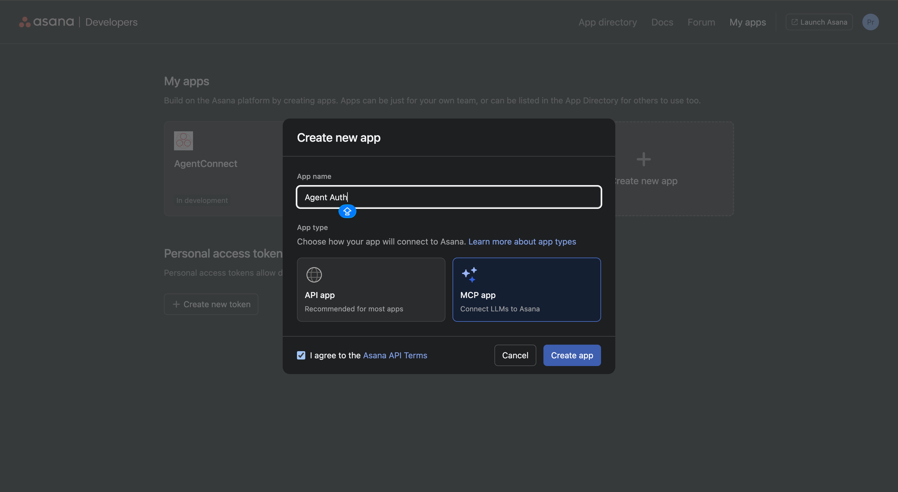 Create new app dialog with MCP app type selected