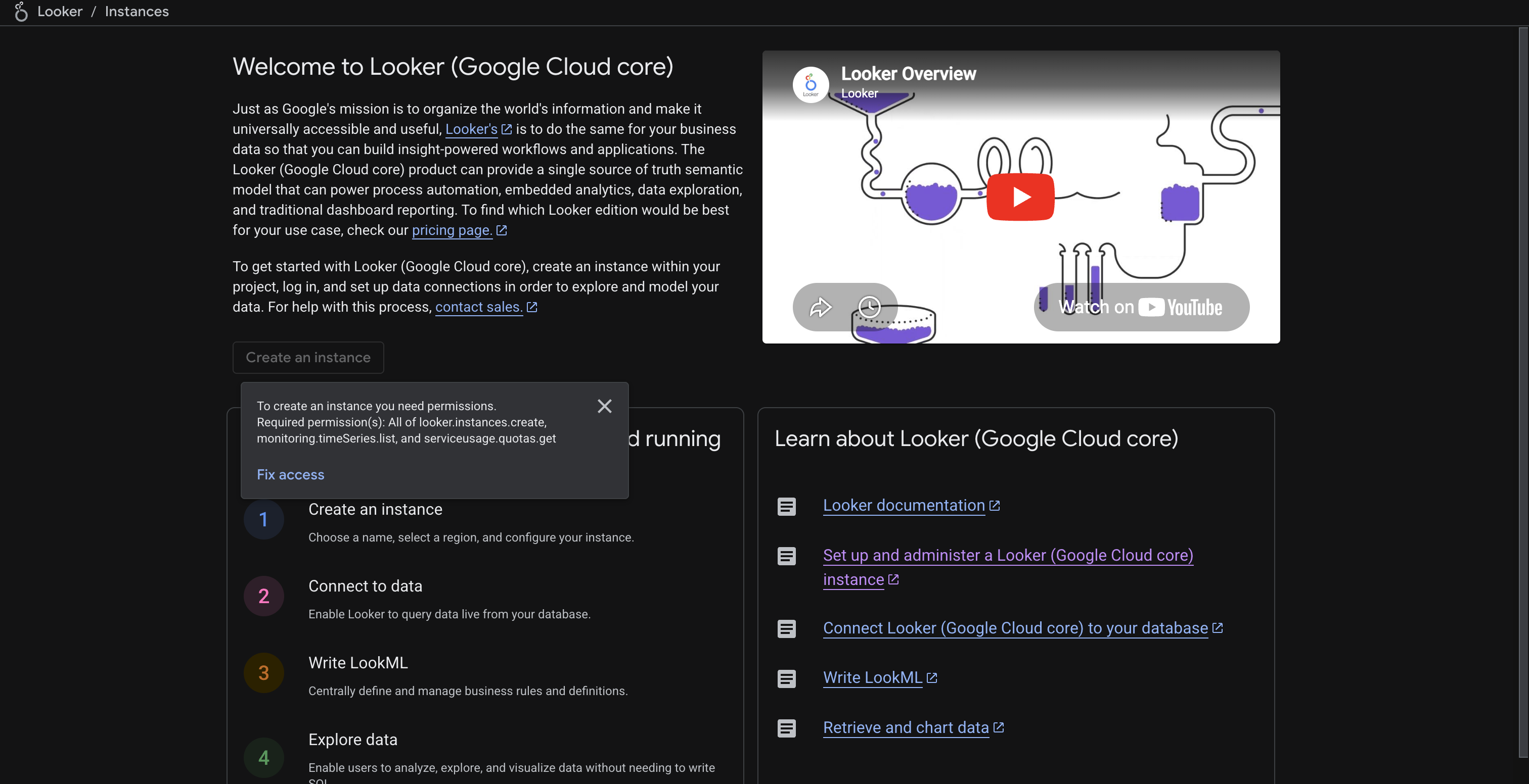 Google Cloud Looker instance creation page showing setup steps