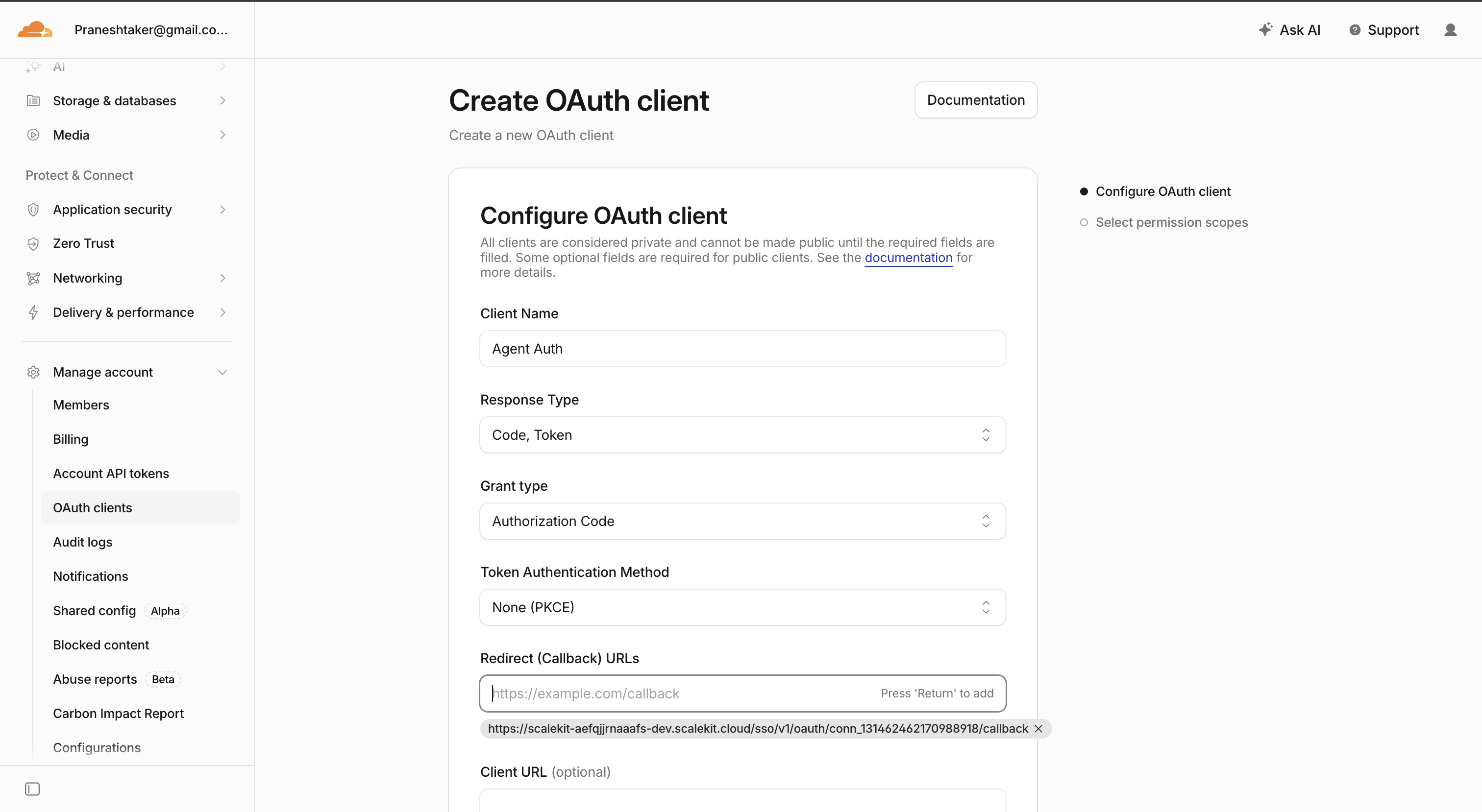 Cloudflare Create OAuth client form showing Client Name, Response Type, Grant type, Token Authentication Method, and Redirect URLs fields