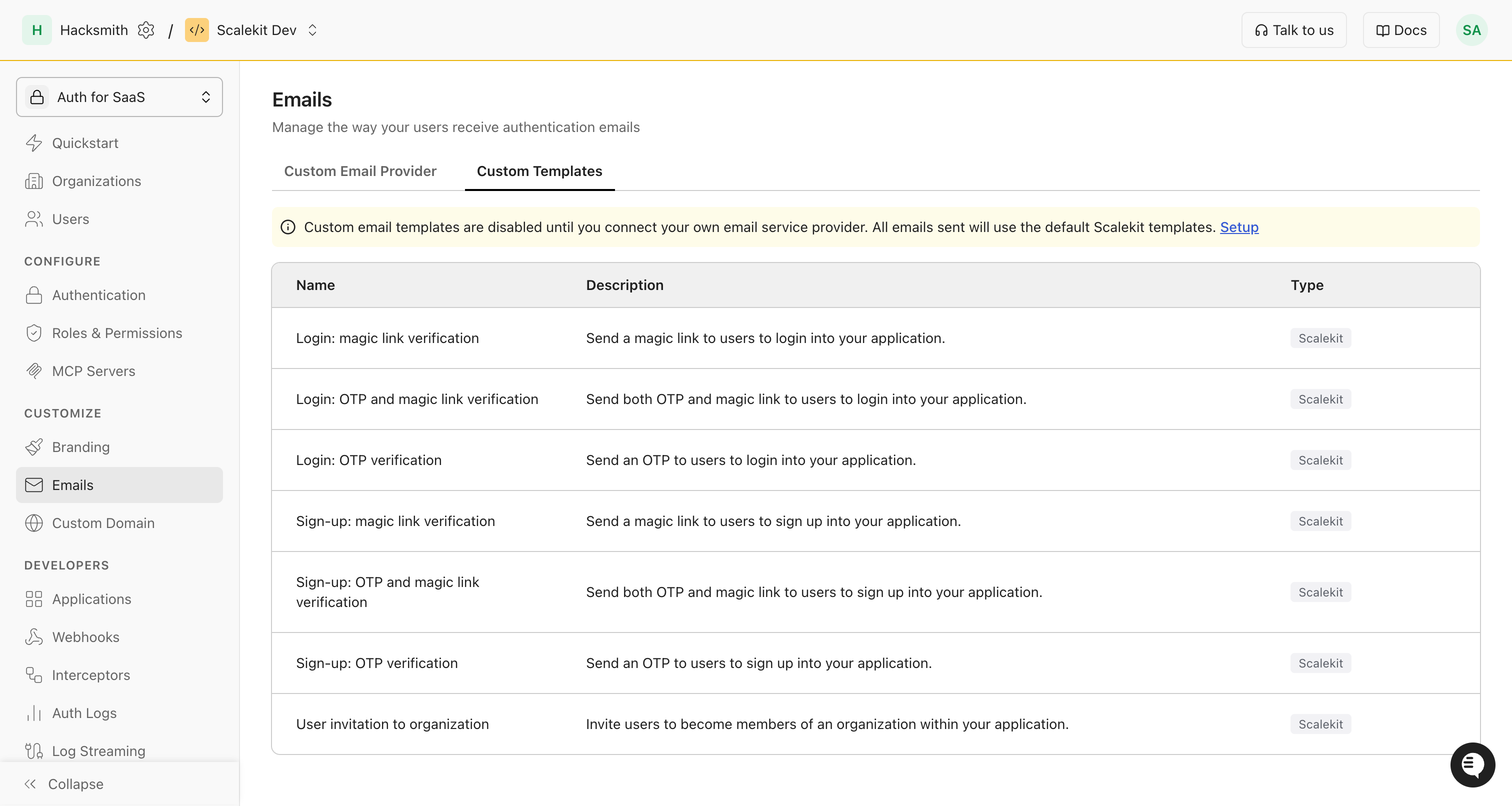 Emails Custom Templates tab listing authentication email templates for login, sign-up, and organization invitations, each using the Scalekit type
