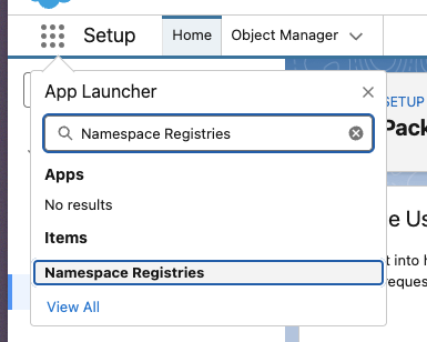 App Launcher search showing Namespace Registries result