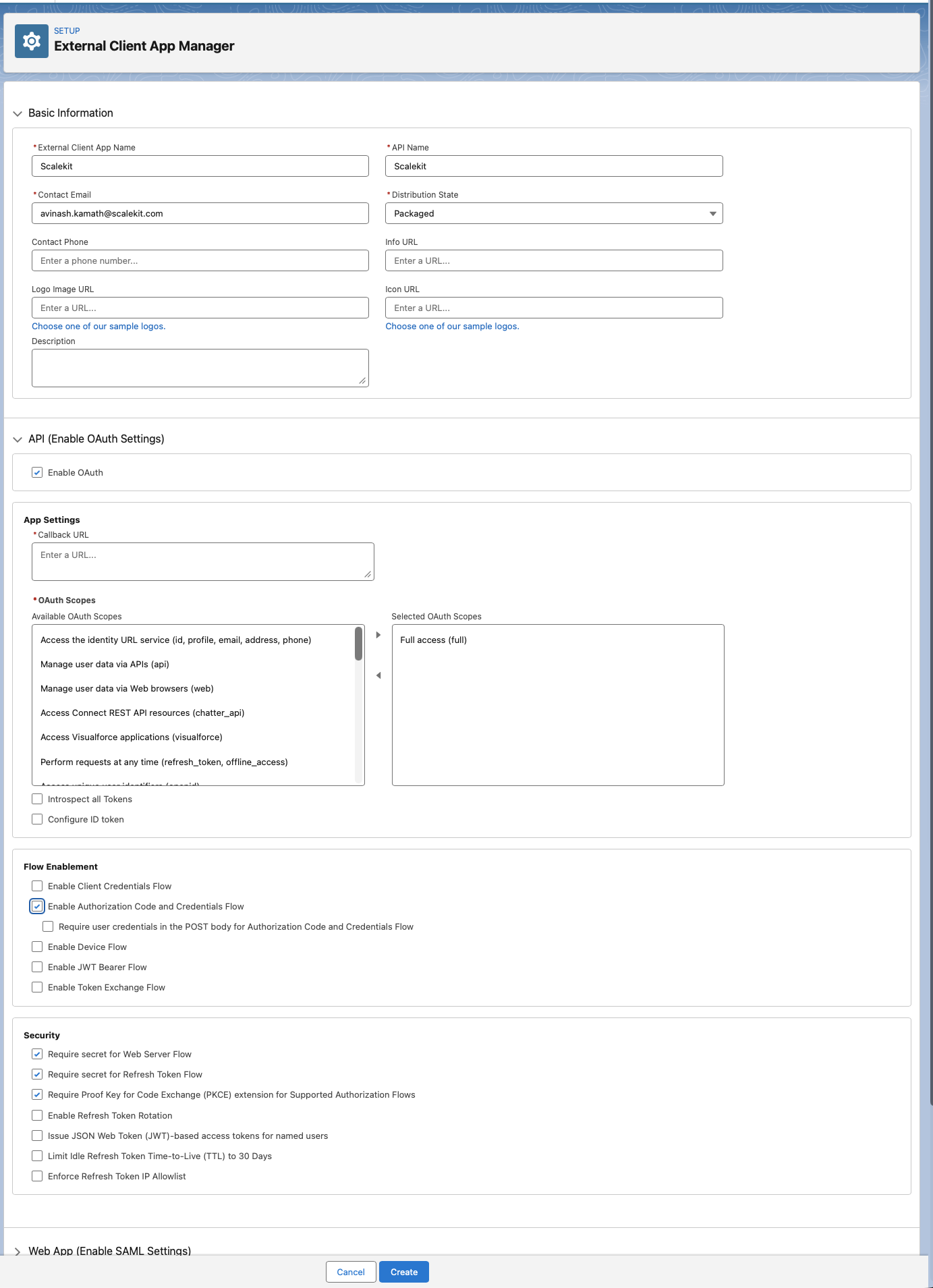 External Client App creation form in Salesforce with settings filled in