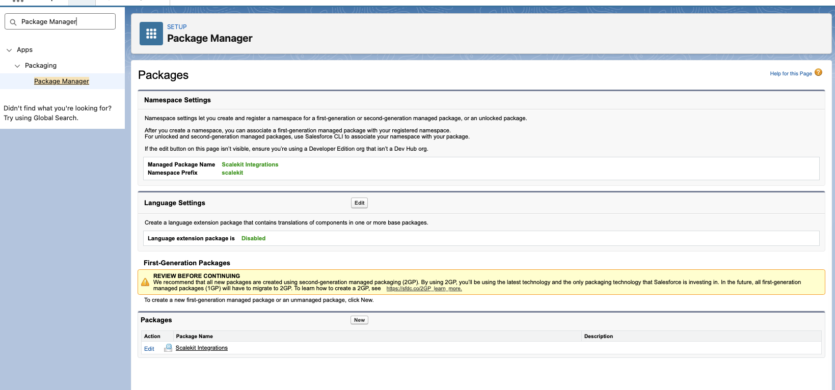 Package Manager page in Developer Edition Org showing the Namespace Prefix field with the Edit button