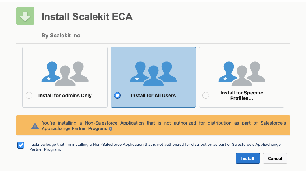 Salesforce package installation page showing the install options