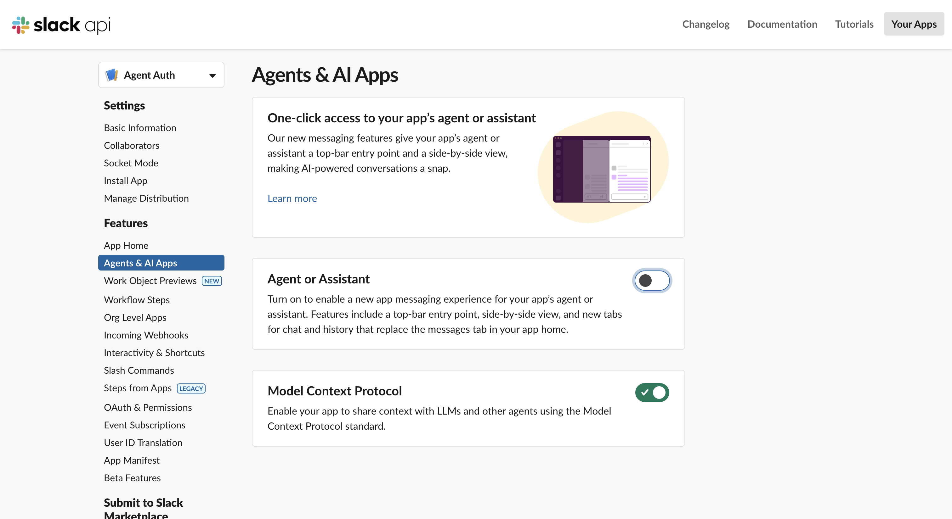 Enable Model Context Protocol in Slack API dashboard