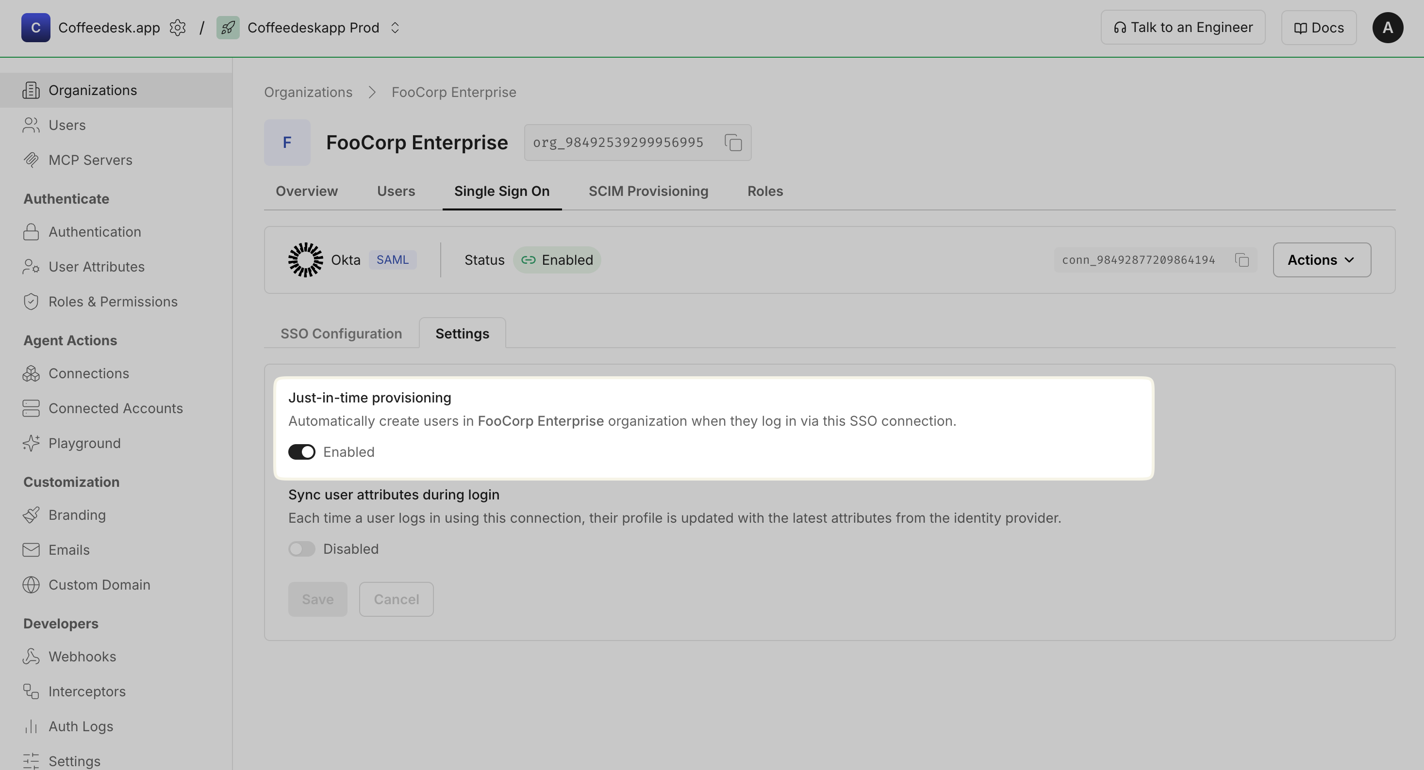 Single Sign On Settings tab for an organization with the Just-in-time provisioning toggle enabled