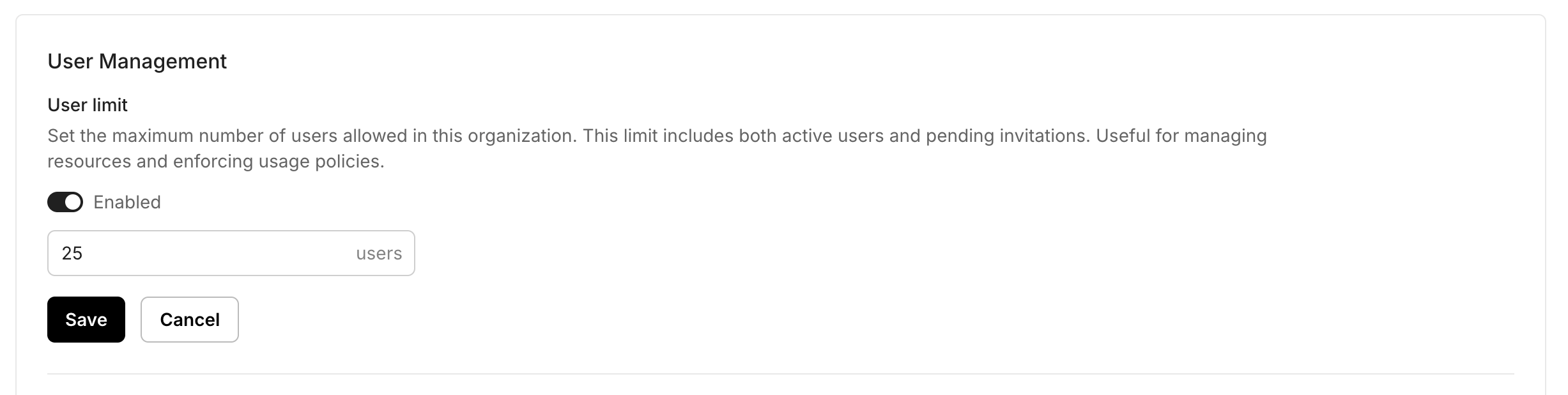 Organization User limit setting enabled with a maximum of 25 users, including active users and pending invitations